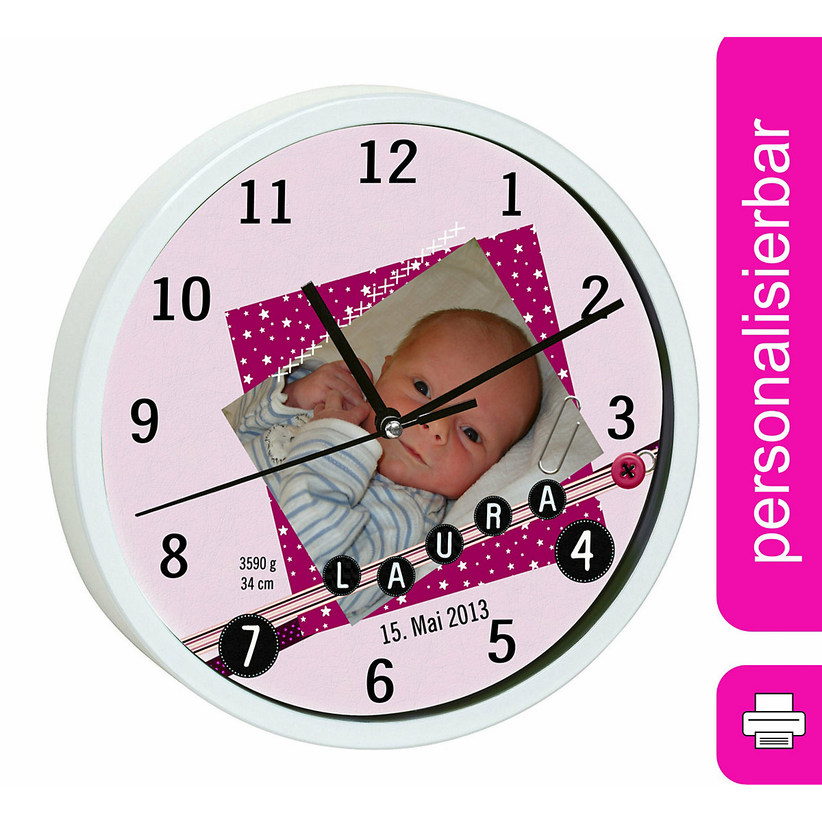 Kinder Wanduhr personalisiert mit Name Scrapbooking rosa