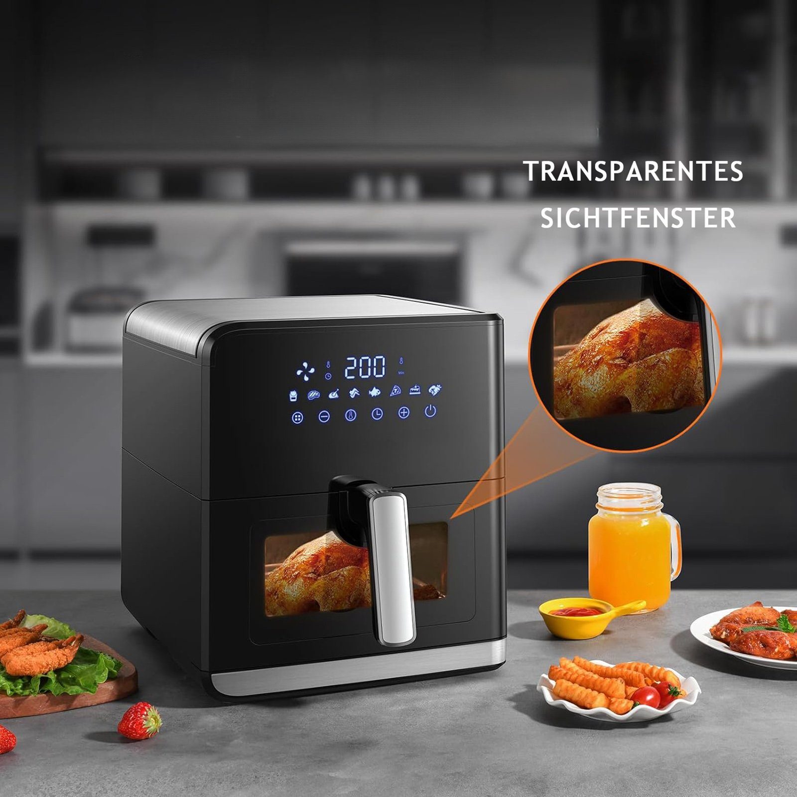 Sinaopus Heißluftfritteuse 7,5L Mini Backofen Airfryer XXL,8 Programmen, LED-Anzeige, 1700,00 W, Einstellbare Temperaturregelung, Sichtbares Sichtfenster