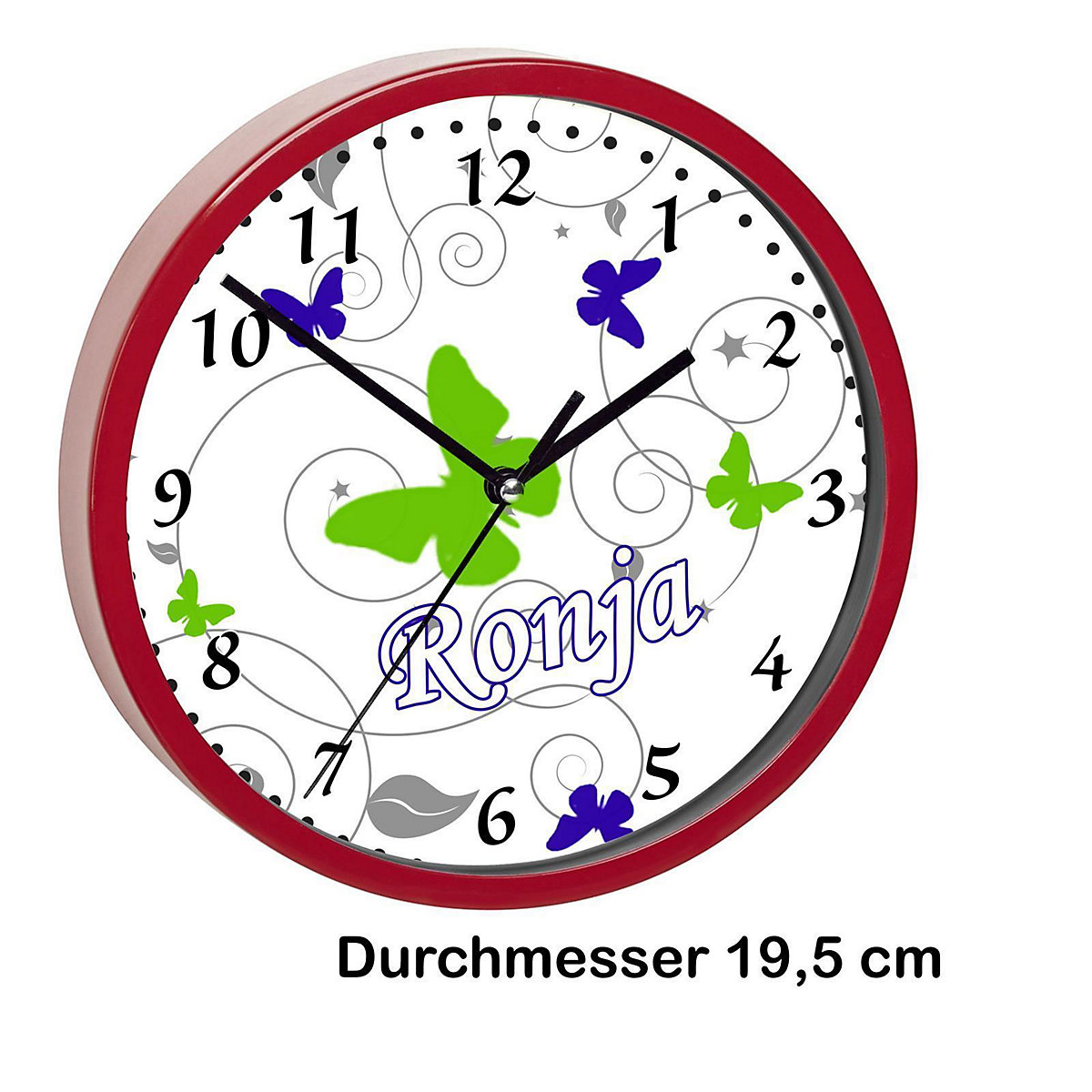 Kinder Wanduhr laufruhig personalisiert mit Name Schmetterling Blau Grün