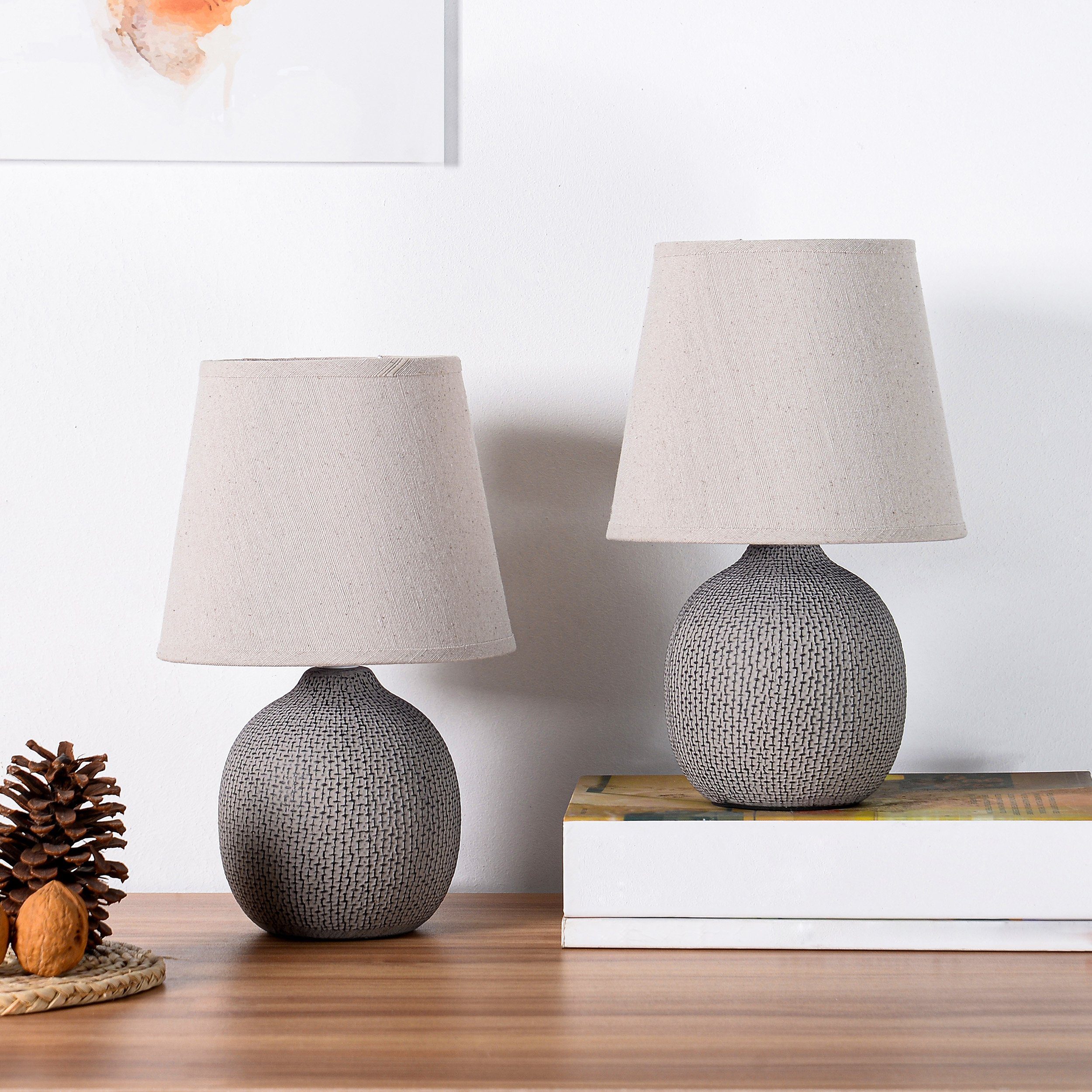 BRUBAKER Tischleuchte Designer Nachttischlampe - Tischlampe Grau - 1x oder 2er Set, Ohne Leuchtmittel, Deko Nachttischlampen mit Keramikfuß, Modern & Edel