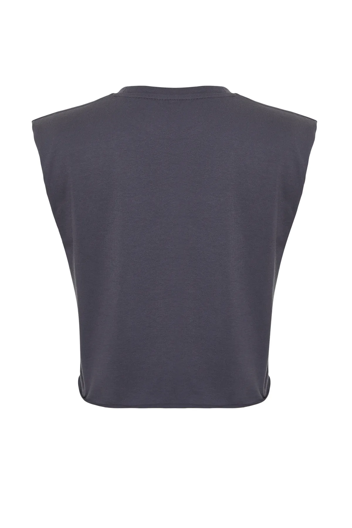 Trendyol Collection  Anthrazitfarbenes, bedrucktes, ärmelloses, kurz geschnittenes Strick-T-Shirt aus 100 % Baumwolle mit Rundhalsausschnitt TWOSS23TS00122