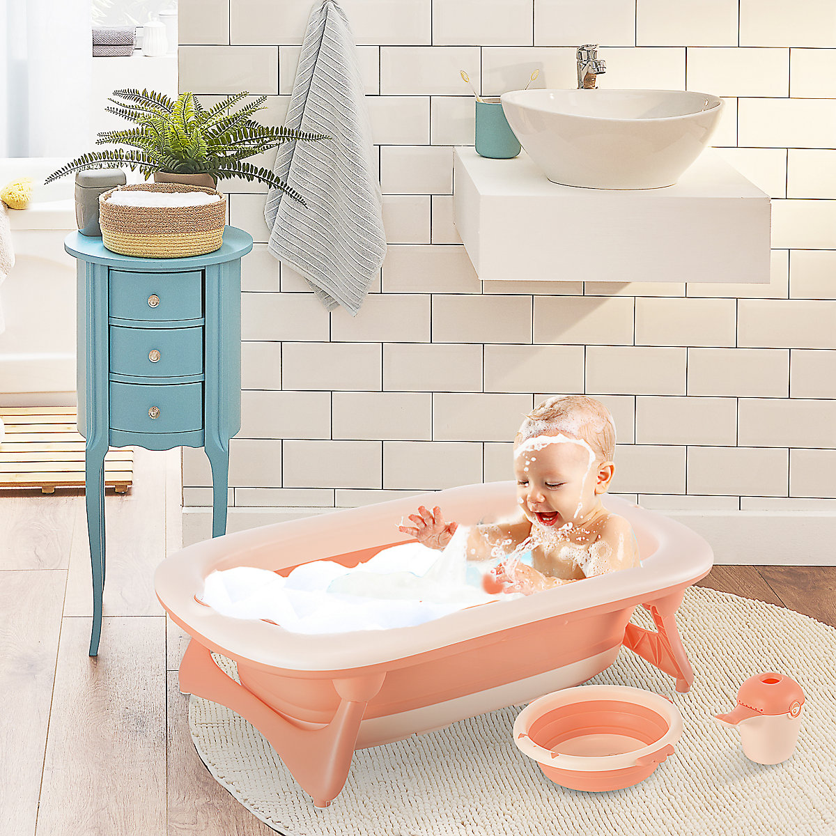 Faltbare Babywanne mit Waschbecken und Shampoobecher