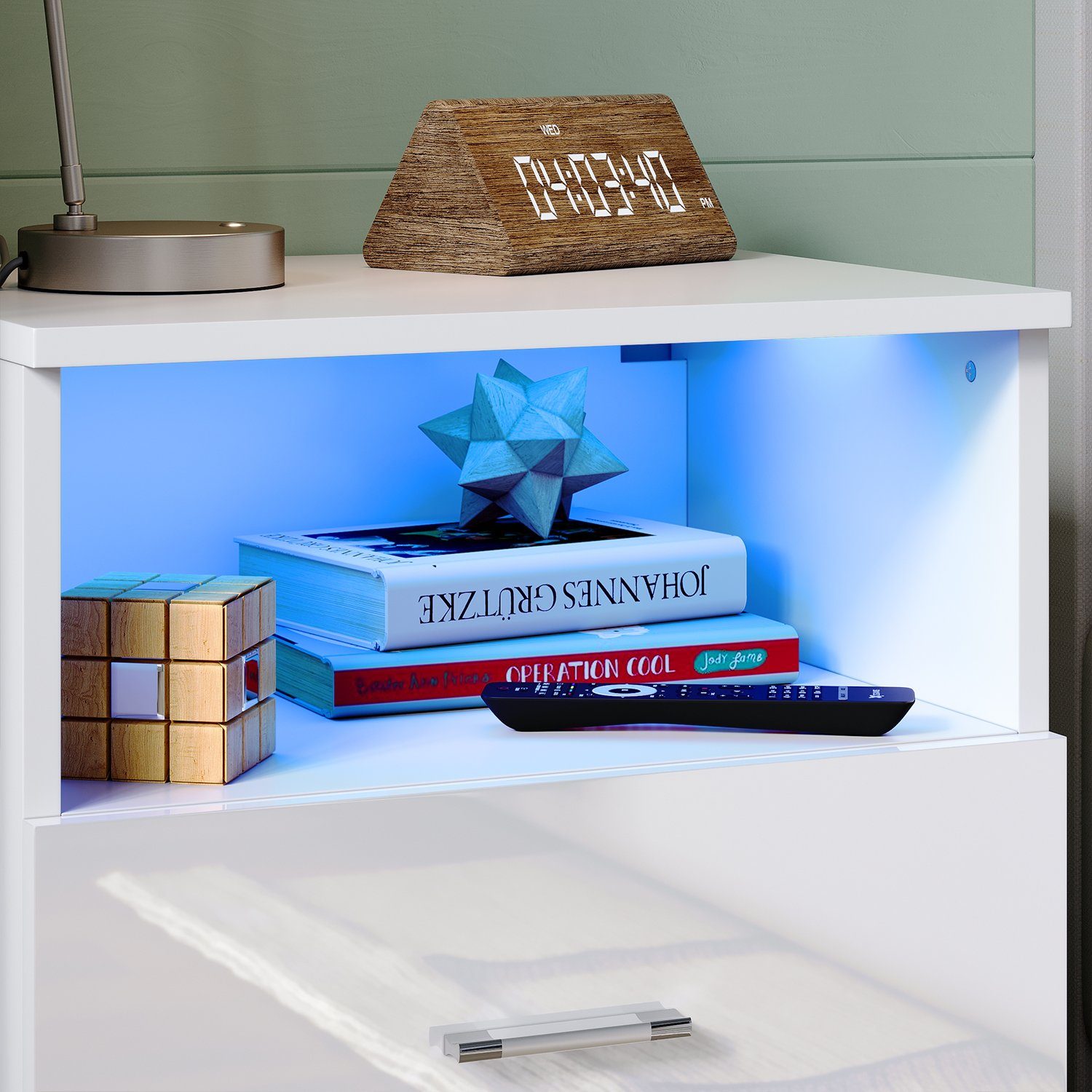 SONNI Nachtkonsole Nachttisch mit led beleuchtung,schublade 45x35xH46.5cm, Nachtkommode weiss hochglanz, 45cm breit