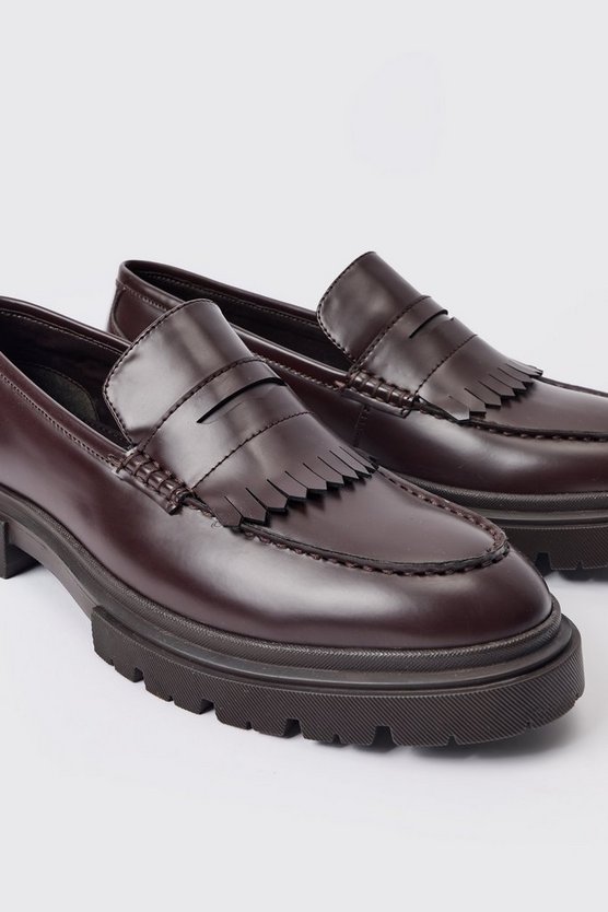 Braune PU-Loafer mit klobiger Sohle und Fransen