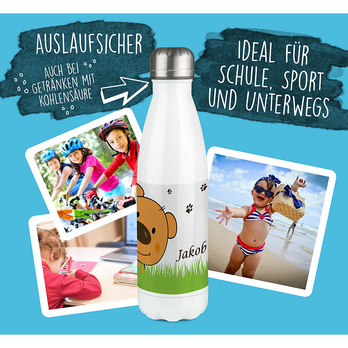 Edelstahl Kinder Thermoflasche / Trinkflasche bunt Teddy Bär-Graß Spülmaschinenfest, Auslaufsicher, Bruchfest, Doppelwandig, Für Heißgetränke geeignet, Mit Deckel, Isoliert