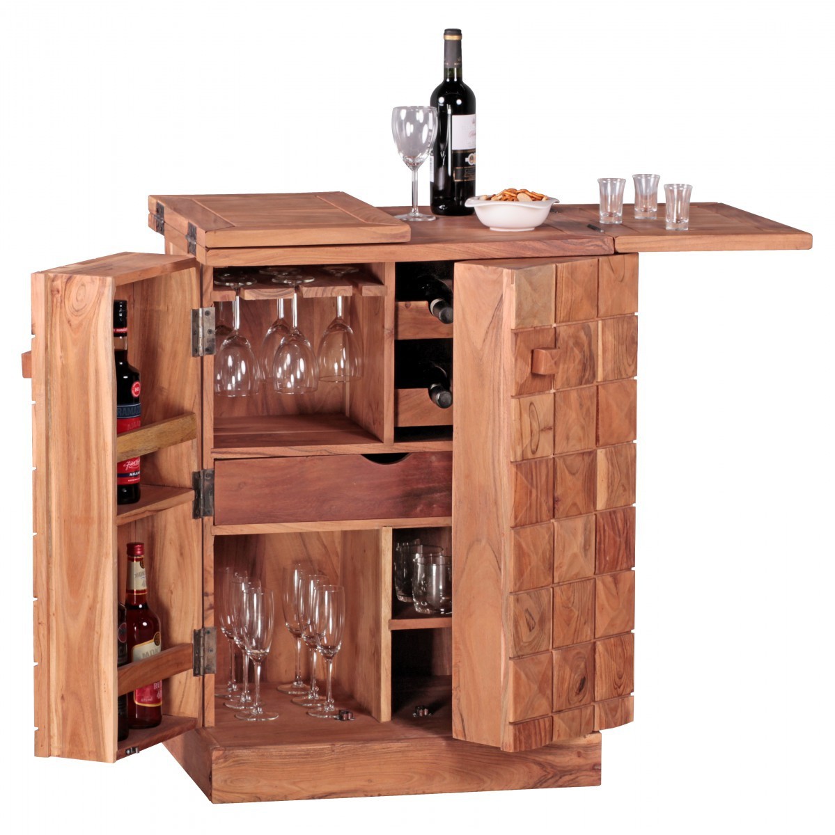Wohnling Hausbar Massivholz Akazie Weinbar ausklappbar Vitrine Landhausstil Barschrank Aufbewahrung Flaschen Gläser