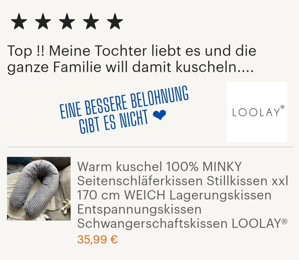 Loolay Stillkissen 100% MINKY Bezug Schwangerschaftskissen Seitenschläferkissen, WEICH Füllung + 100% Polar Flece Kissenbezug (hochwertig 350 g/m2), PREMIUM GESCHENK Stillkissen XXL 170 cm + abnehmbar Bezug, LOOLAY® - 100% Europäische Stoffe und Klei