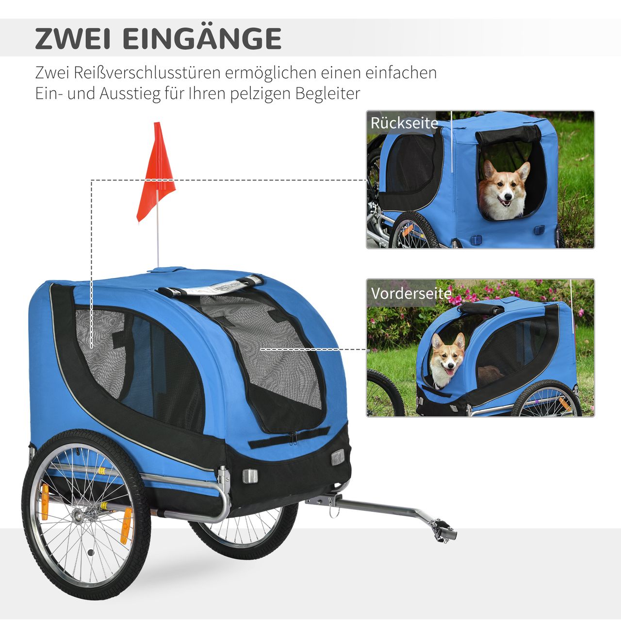 PawHut Fahrradanhänger Hundeanhänger Hunde Fahrrad Tier Anhänger Blau Schwarz