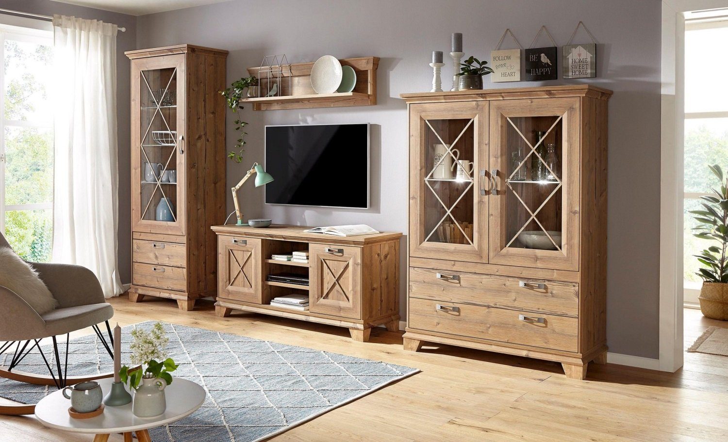 möbel-direkt.de Wohnwand Nepal, (Komplett Set, 4-St., Standvitrine + Hochkommode + Wandboard + TV- Schrank), inklusive Beleuchtung