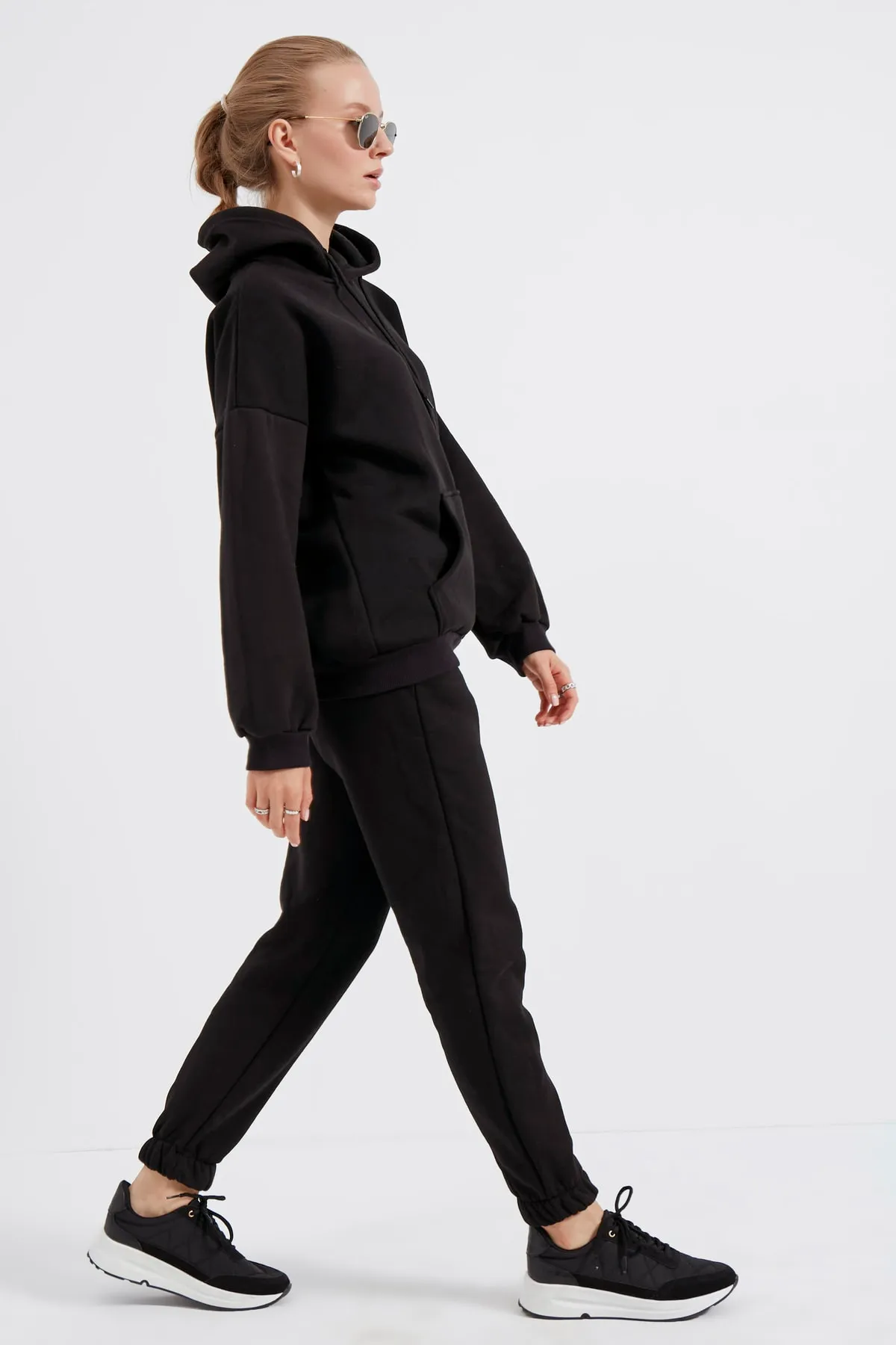 MEECY  Schwarzes Oversize-Trainingsanzugset aus Fleece mit Kapuze für Damen
