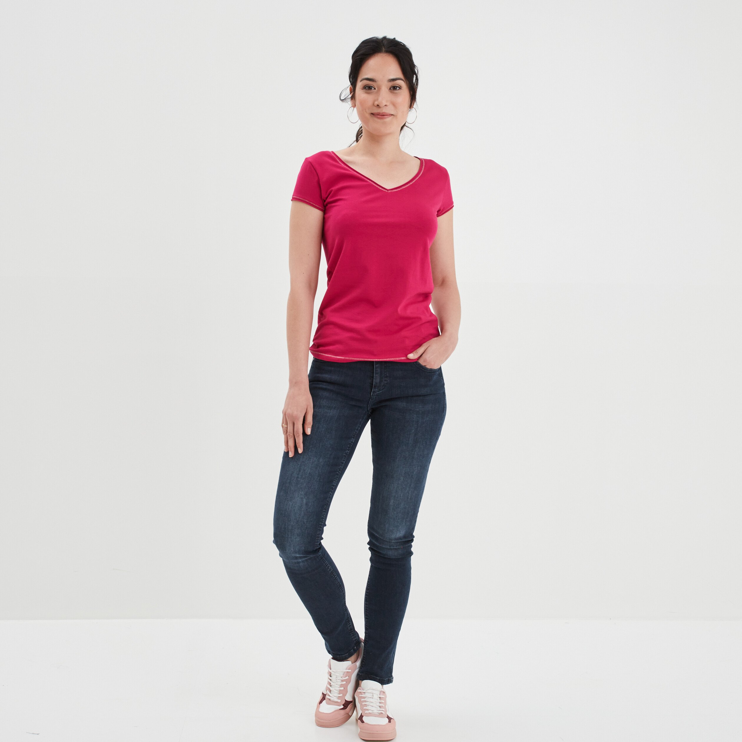 T-shirt manches courtes ajusté rose framboise femme | La Halle
