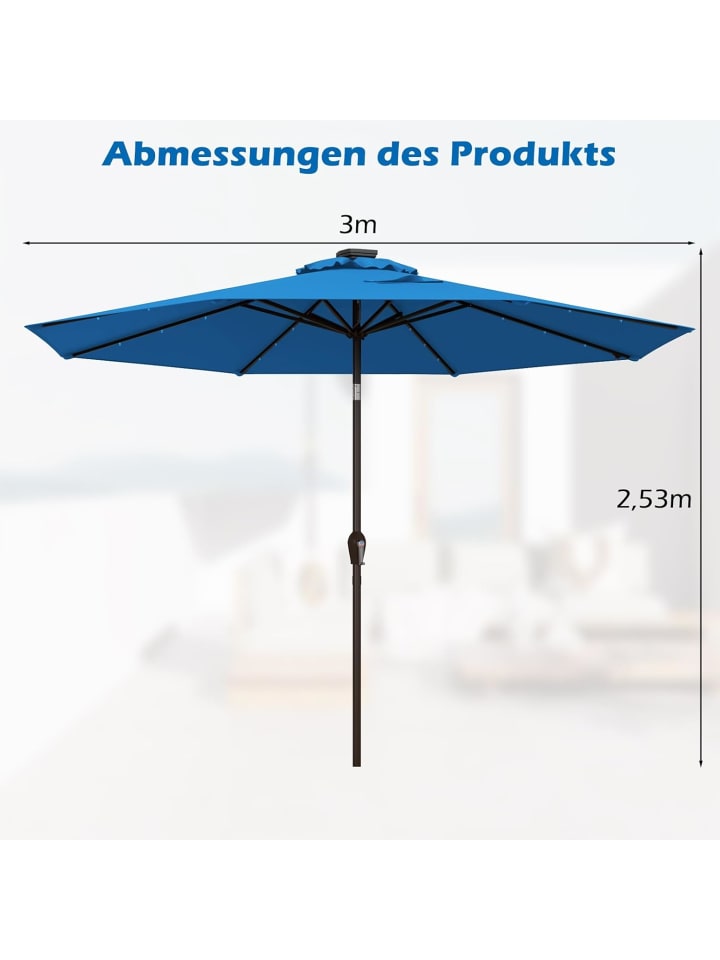 COSTWAY Sonnenschirm 300 cm mit LED-Solar-Beleuchtung in Blau günstig kaufen onesize