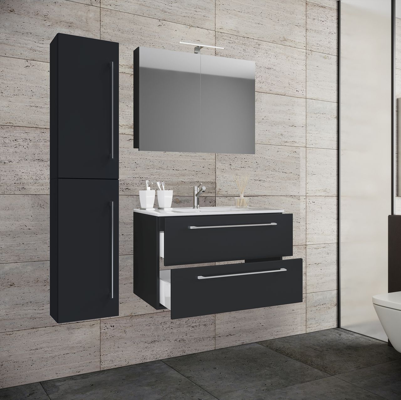VCM Waschplatz Badinos 80 cm Spiegelschrank & Hochschrank 4-tlg. schwarz