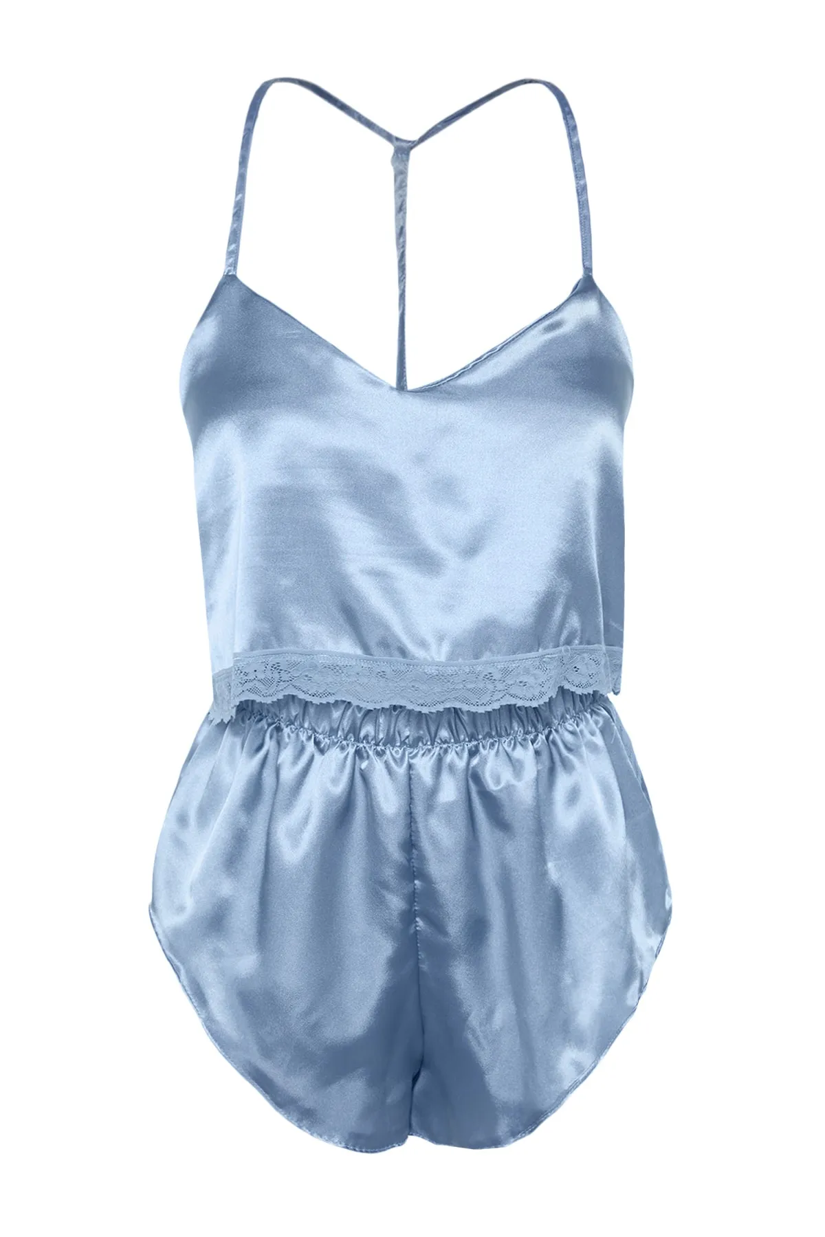 Trendyol Collection  Hellblaues Pyjama-Set aus gewebtem Satin mit Spitzendetails und Seilträgern THMSS22PT0264