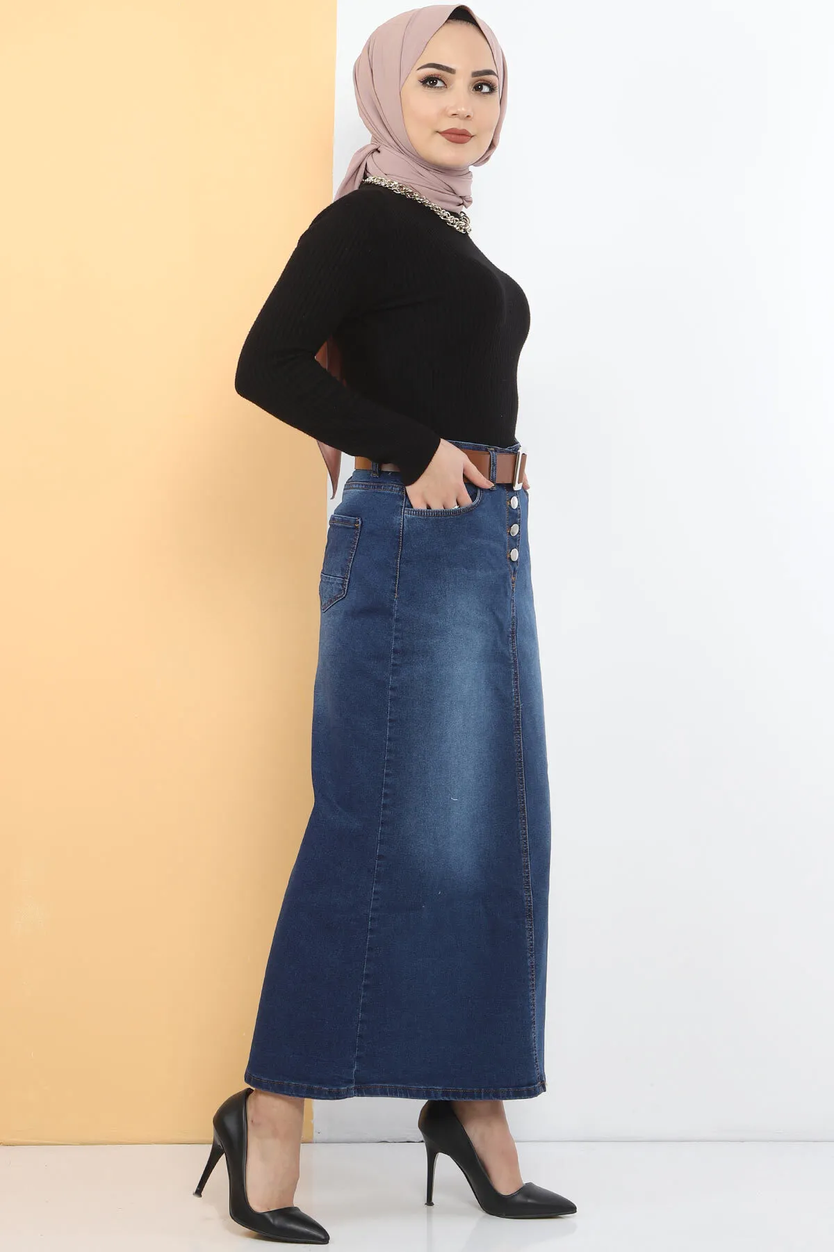 Tesettür Dünyası  Jeansrock mit Gürtel Tsd22018 Dunkelblau