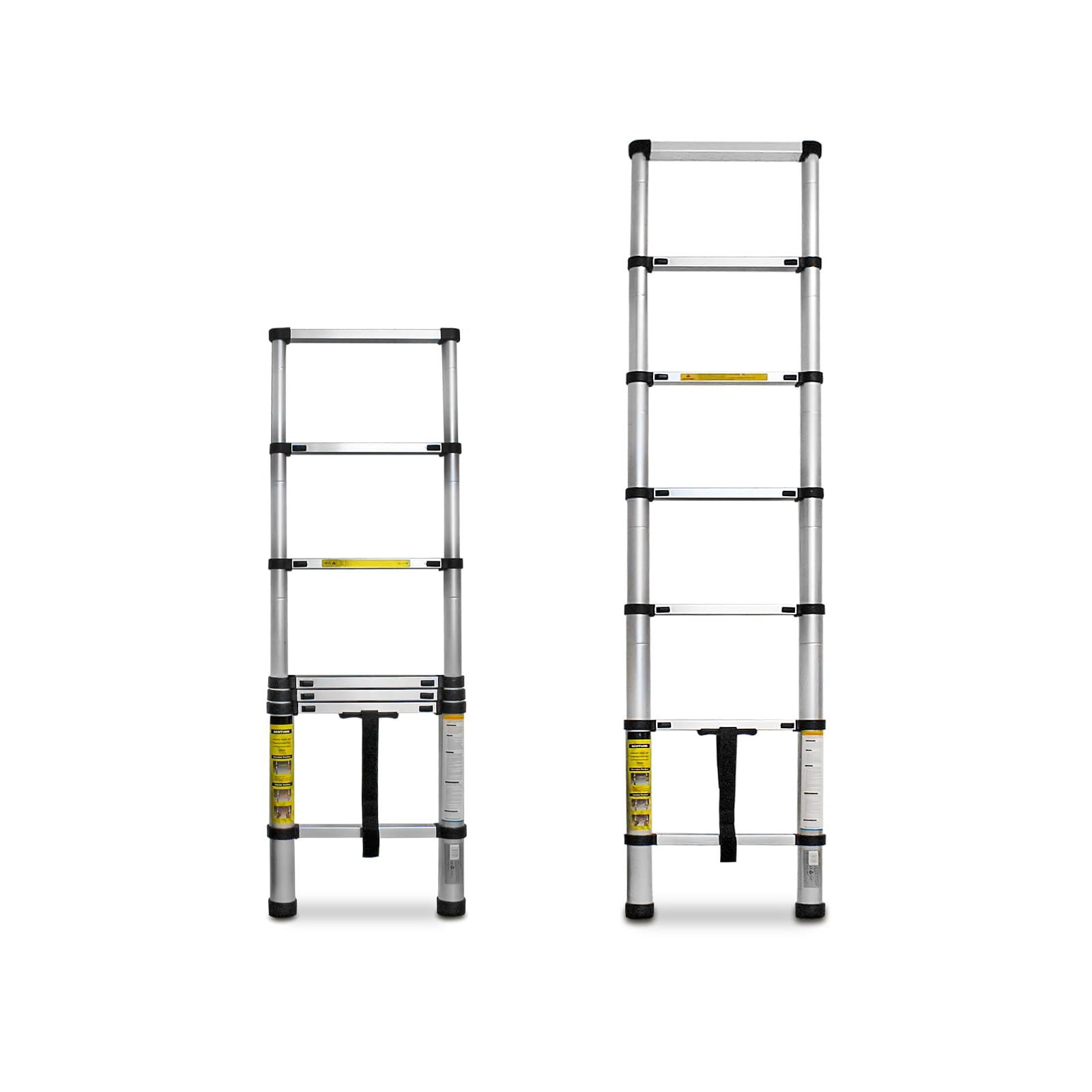 EAXUS Teleskopleiter Ausfahrbare Leiter Aluminium 2,0 Meter, rutschfeste Sprossen, zusammenklappbar auf 74 cm