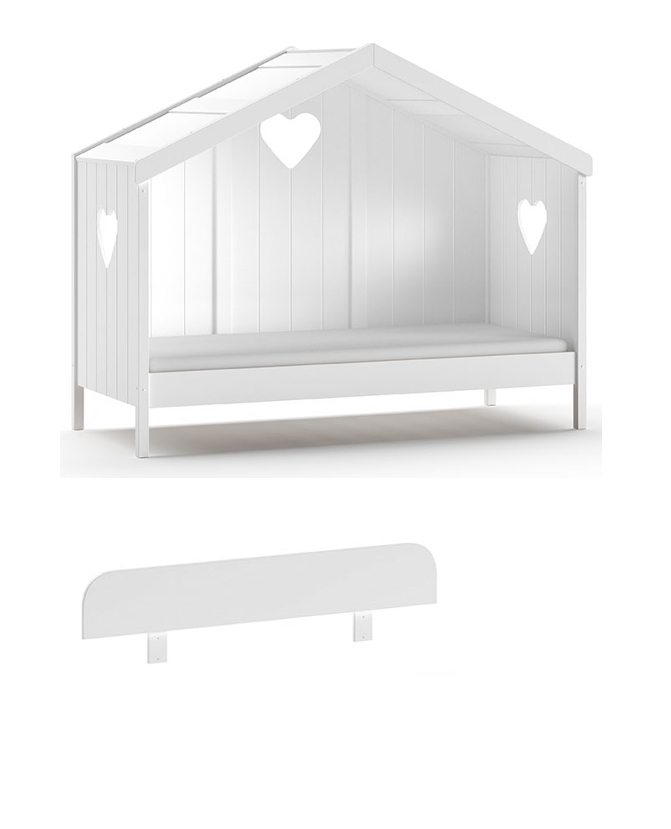 VIPACK Hausbett Amori mit Rückwand u. Absturzschutz, Liegefläche 90 x 200 cm, inkl. Rolllattenrost, Ausf. Kiefer und MDF weiß lackiert