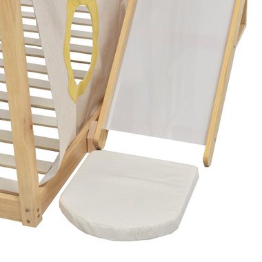 WISHDOR Holzbett Kinderbett, Etagenbett, Bett, Gästebetten, Hausbett 90x200cm (mit Fallschutz und Gitter, Rahmen aus Kiefer, mit Treppe und Zäune, mit Bettvorhang, Rutsche und Regal), Ohne Matratze
