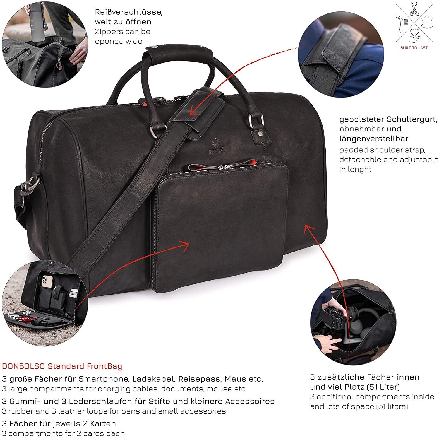 Donbolso Weekender Weekender Neapel, Herren, Leder, Schwarz, Größe L, 40L, Handgepäck, Schwarz L Leder