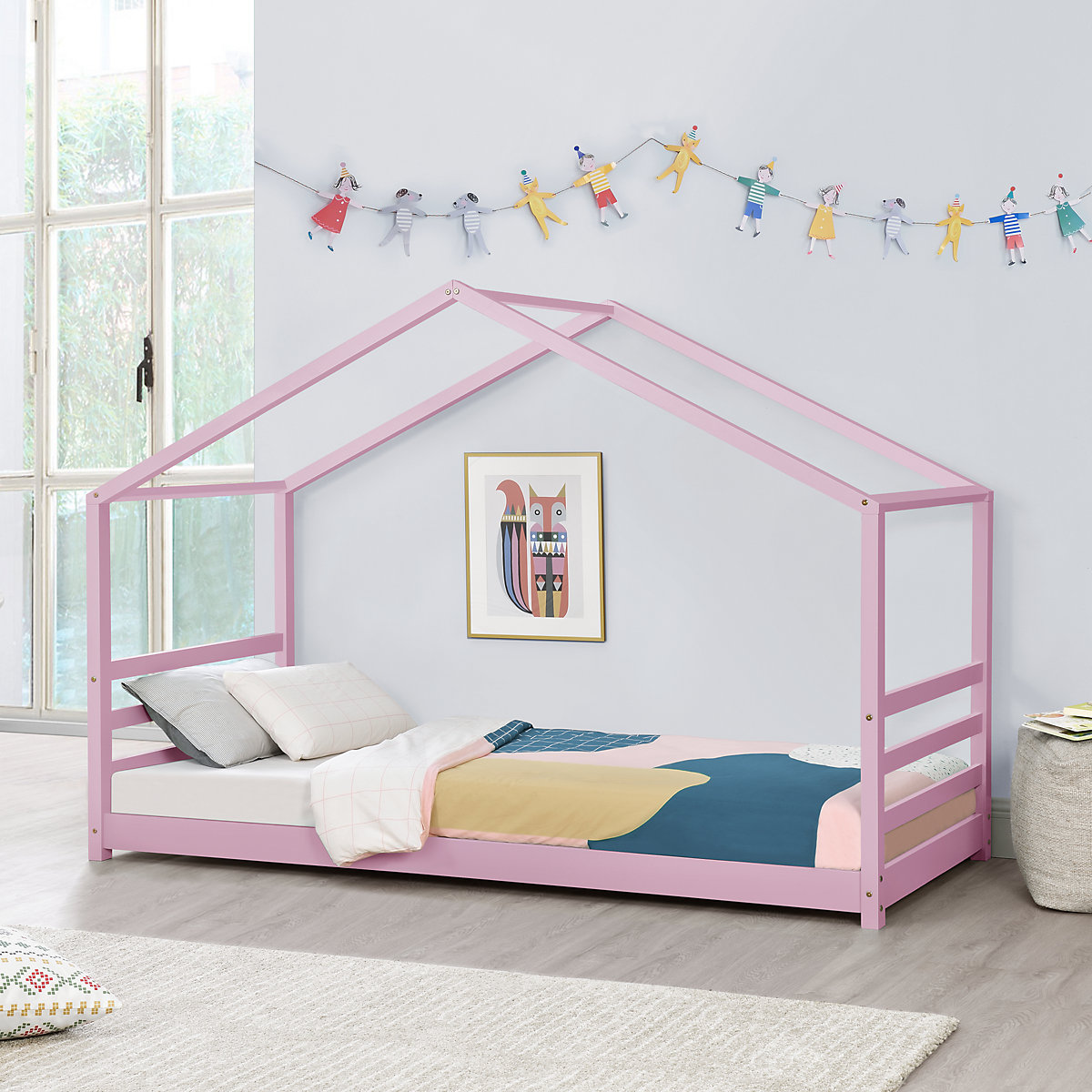 Kinderbett mit Lattenrost und Gitter 90 x 200 cm Hausbett Holz Bettenhaus Bett Jugendbett in verschiedenen Farben