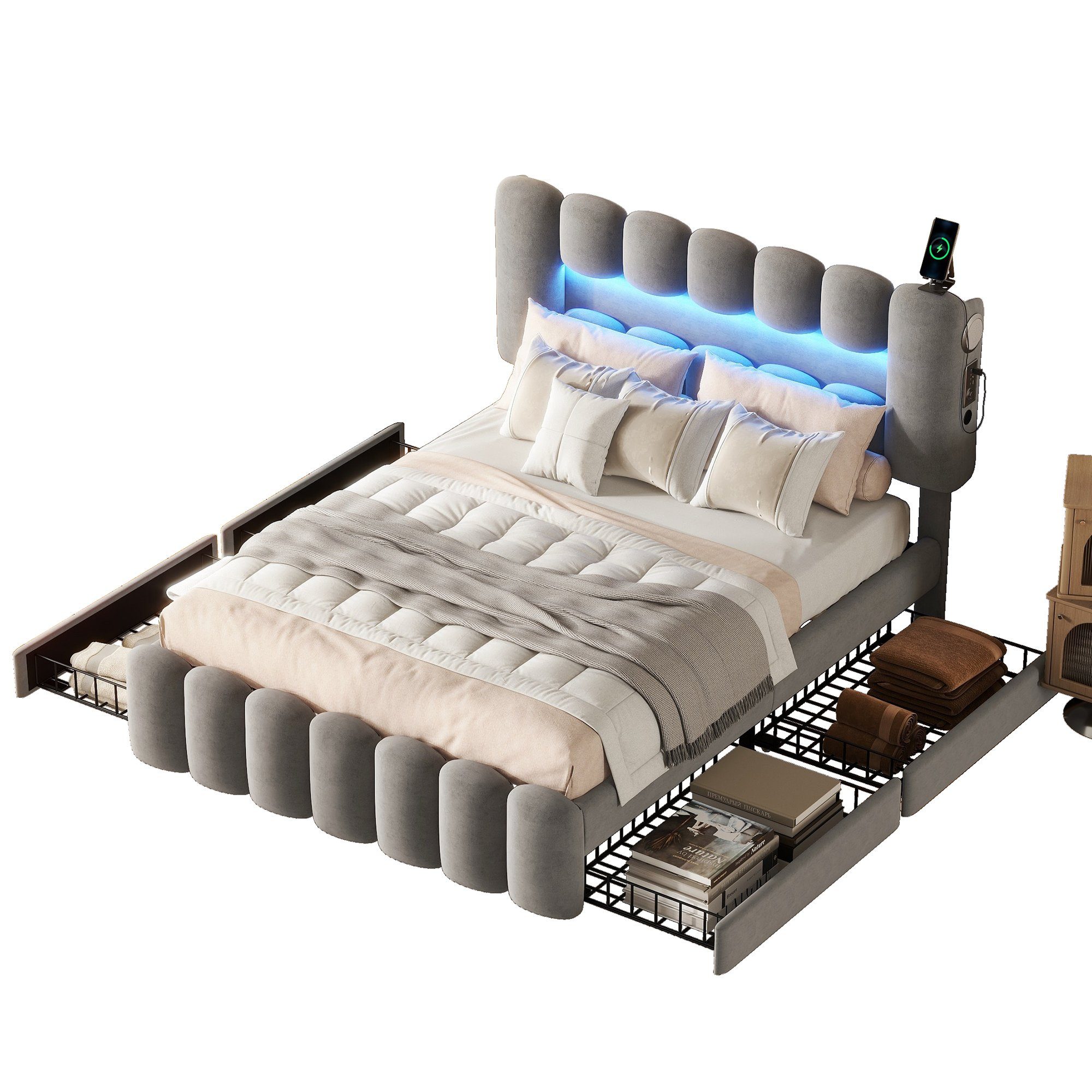 HAUSS SPLOE Polsterbett Polsterbett Funktionsbett Bettrahmen KInderbett Doppelbett (mit 4 Schubladen und LED-Lichtleiste, Jugendbett mit USB und Stereoanlage), 140*200 cm, Grau