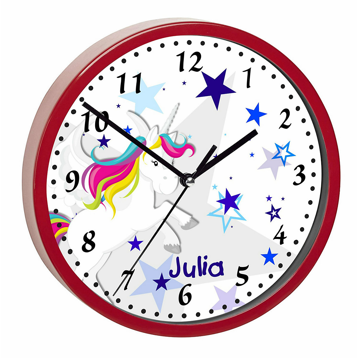 Kinder Wanduhr laufruhig personalisiert mit Name Pegasus Sterne Blau