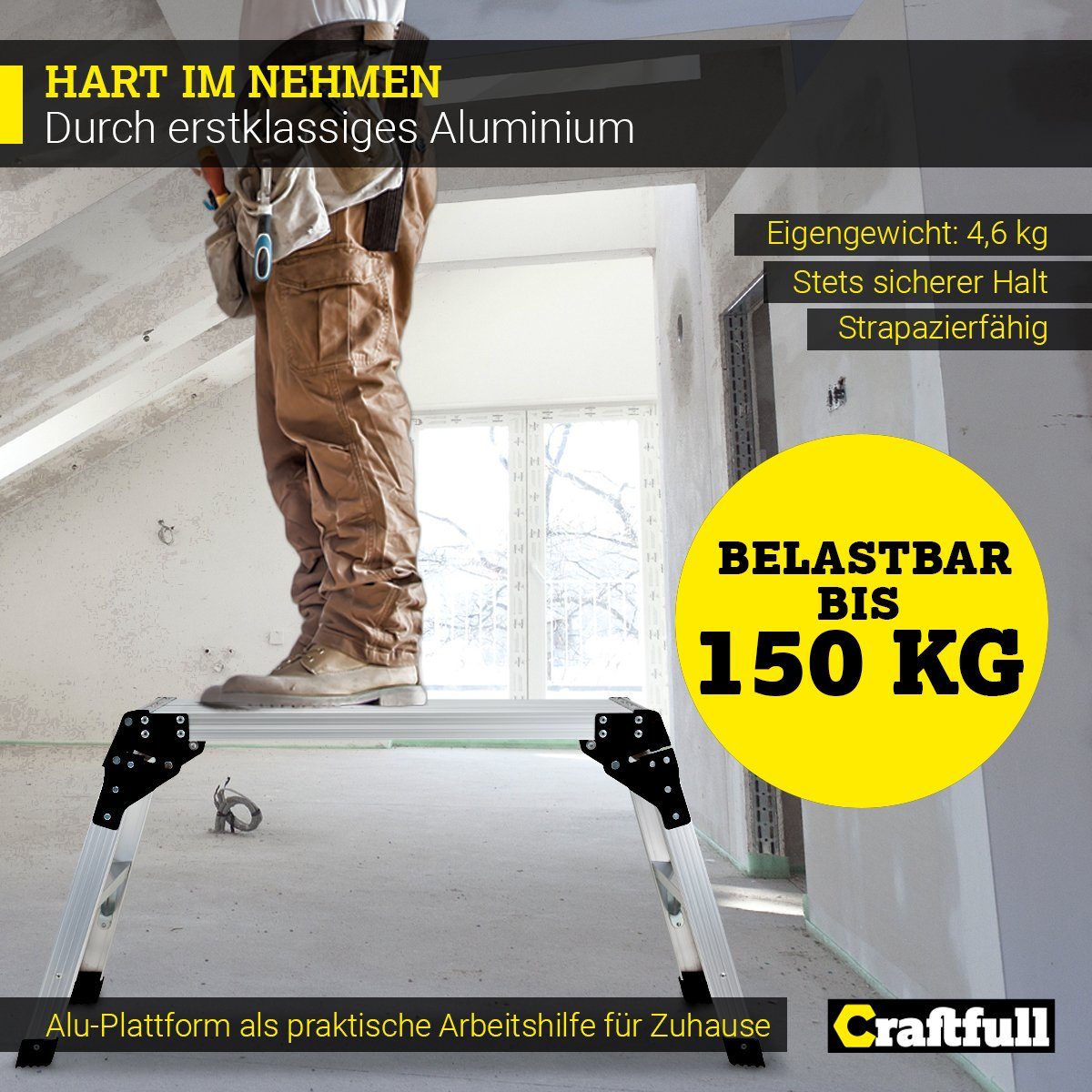 Craftfull Arbeitsplattform Arbeitspodest CF-107A klappbar - 3 J. Garantie - Aluminium (74 x 30 cm - 150 kg Traglast - Trittbank zum Einklappen - mini Arbeitsplattform - Werkbank - Heimwerken, 1-St., Anti-Rutsch, Sicherheitsbügel, klappbare Standfüße)
