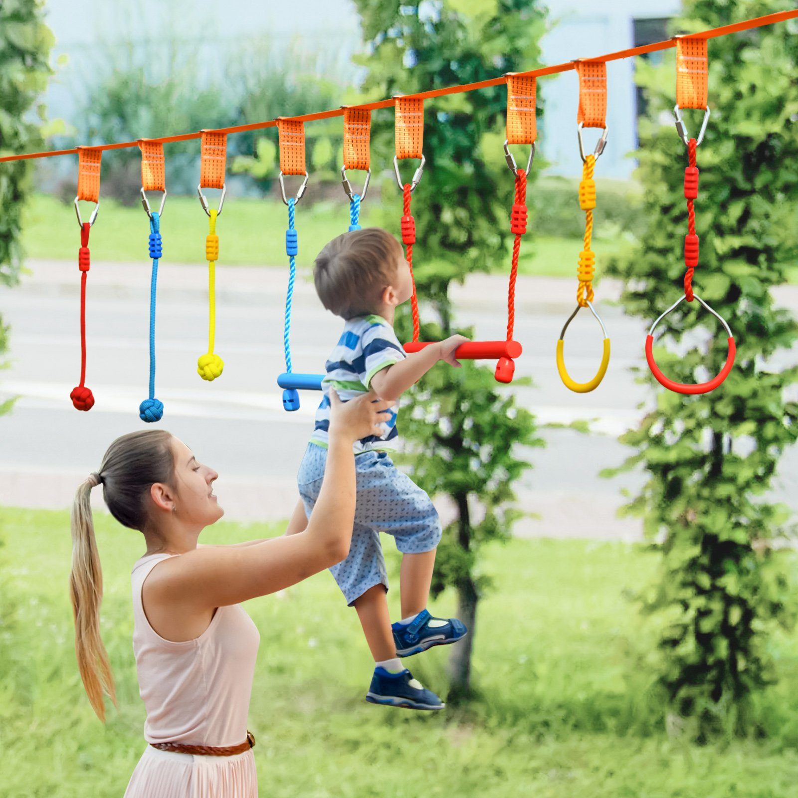 COSTWAY Slackline, 13m Kinder hängend Hindernisparcours, Klettergerüst