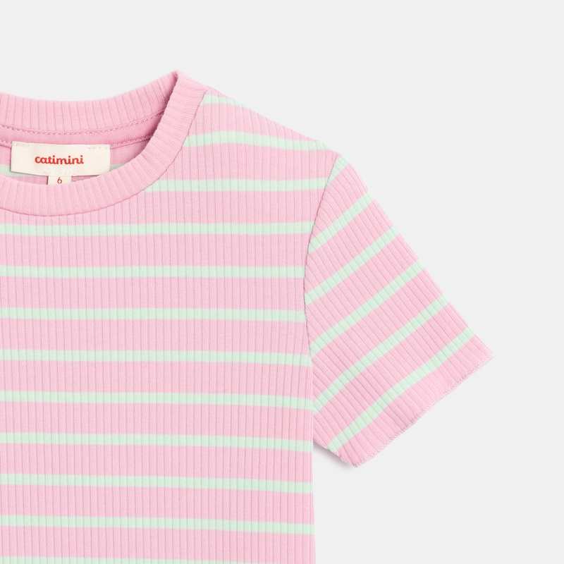 T-shirt fille rayé rose et vert en coton côtelé fille Catimini