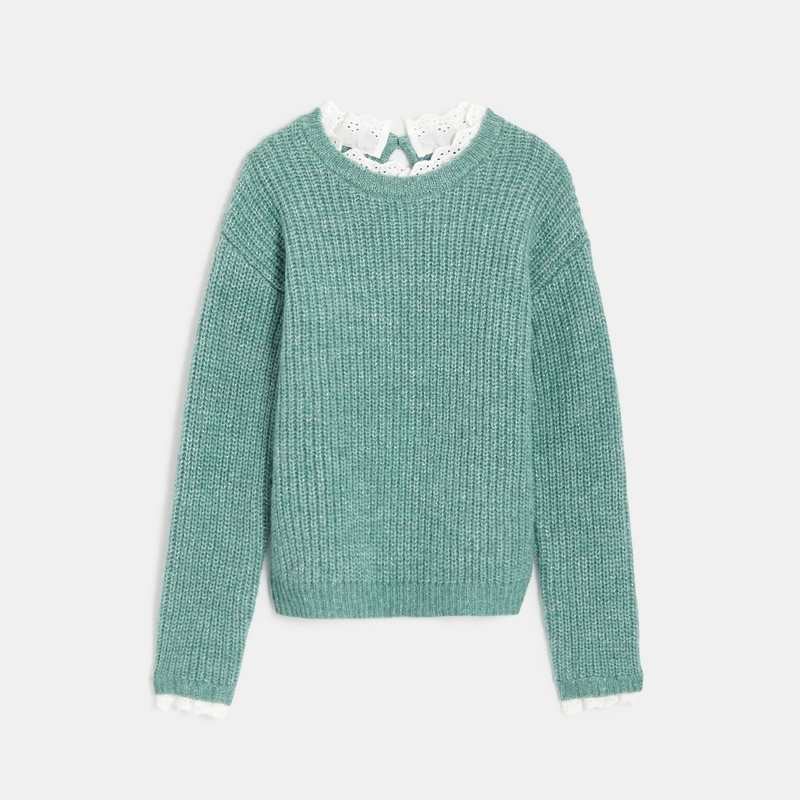 Pull côtelé à effet superposé vert Fille