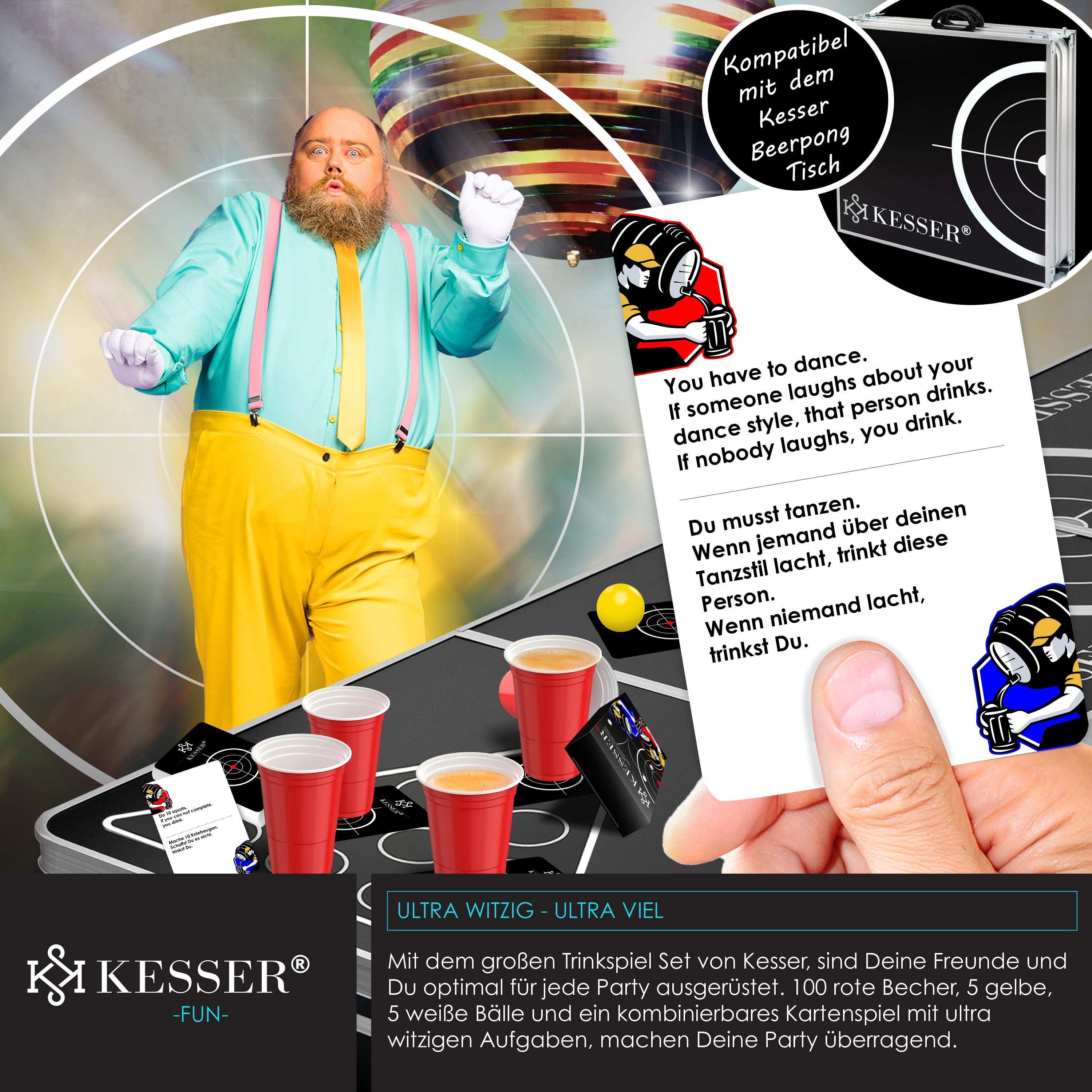 KESSER Klapptisch, Beer Pong Becher Set mit Kartenset 54 Karten, Bierpong