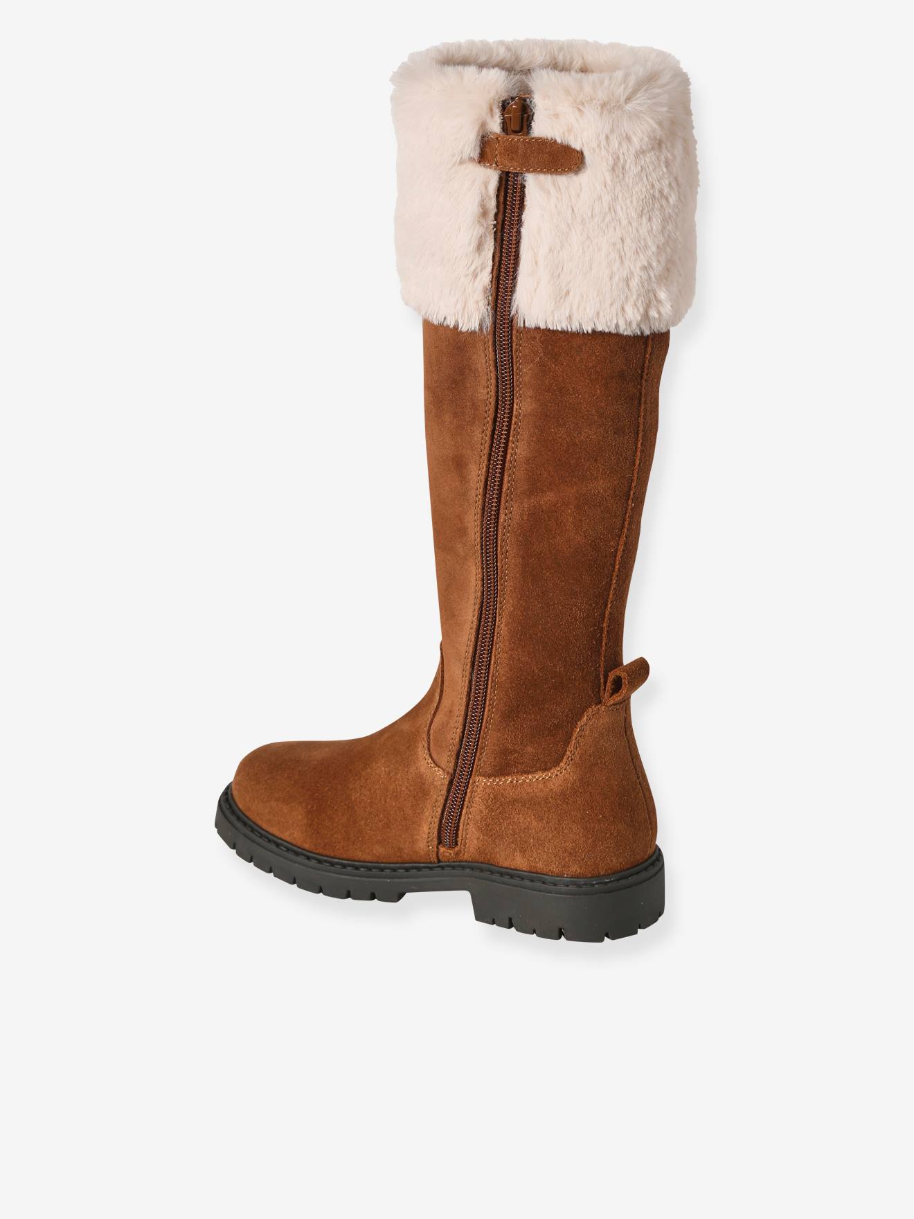 Bottes cavalières fourrées zippées cuir fille marron