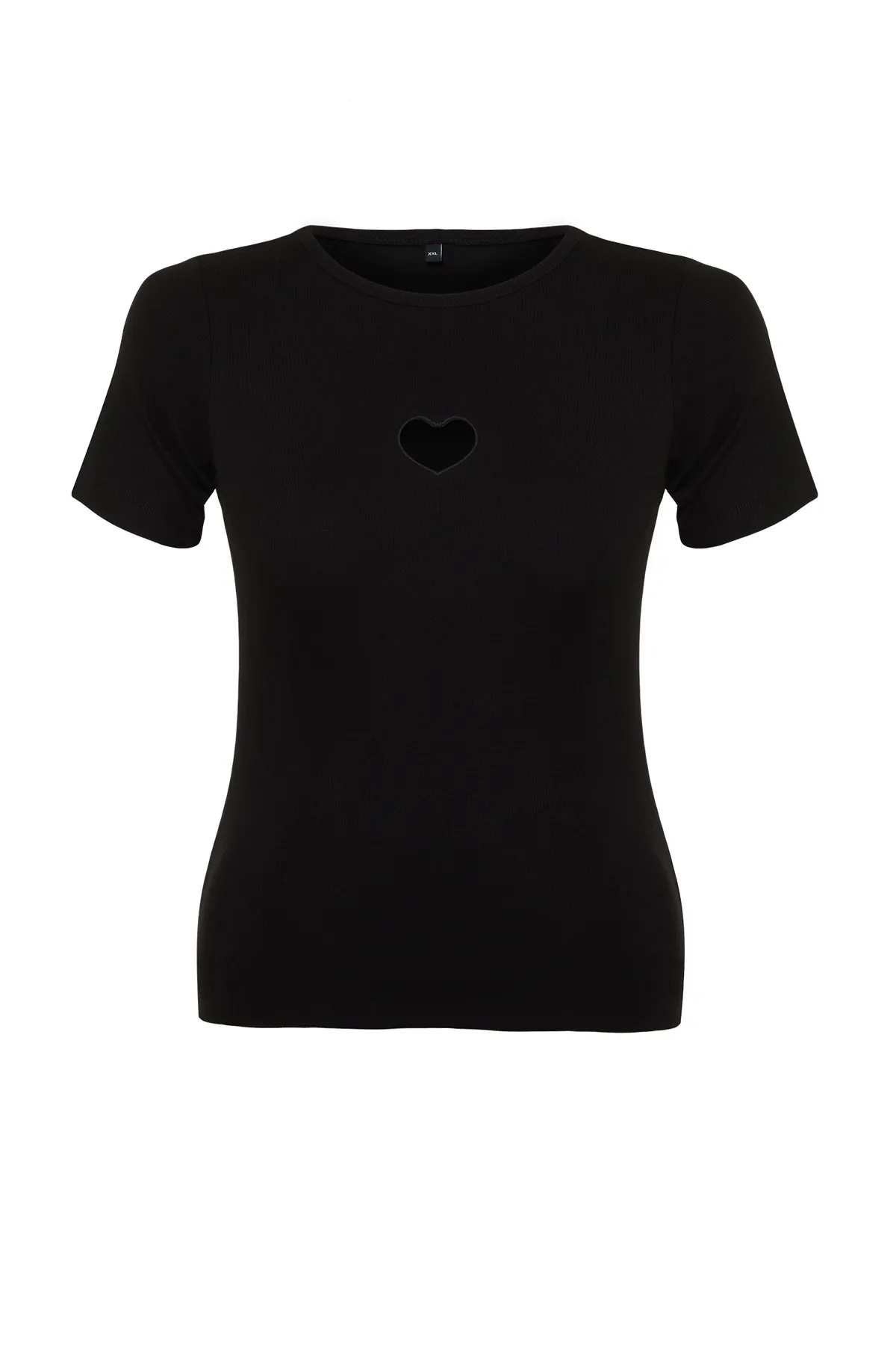 Trendyol Curve  Schwarzes, geripptes Strick-T-Shirt mit herzförmigem Ausschnitt TBBSS24BF00006