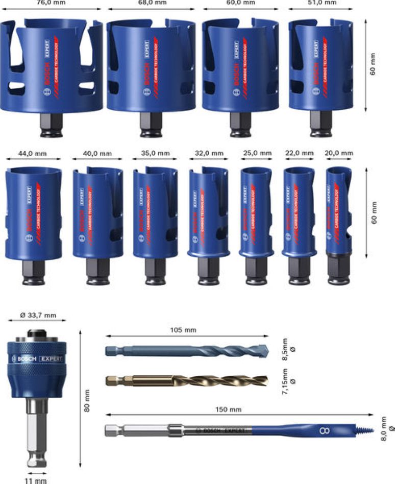Bosch Blue Accessories 2608901950 EXPERT Power-Change hullsagsett Byggemateriale Universal 20/22/25/32/35/40/44/51/60/68/76 mm 15 deler