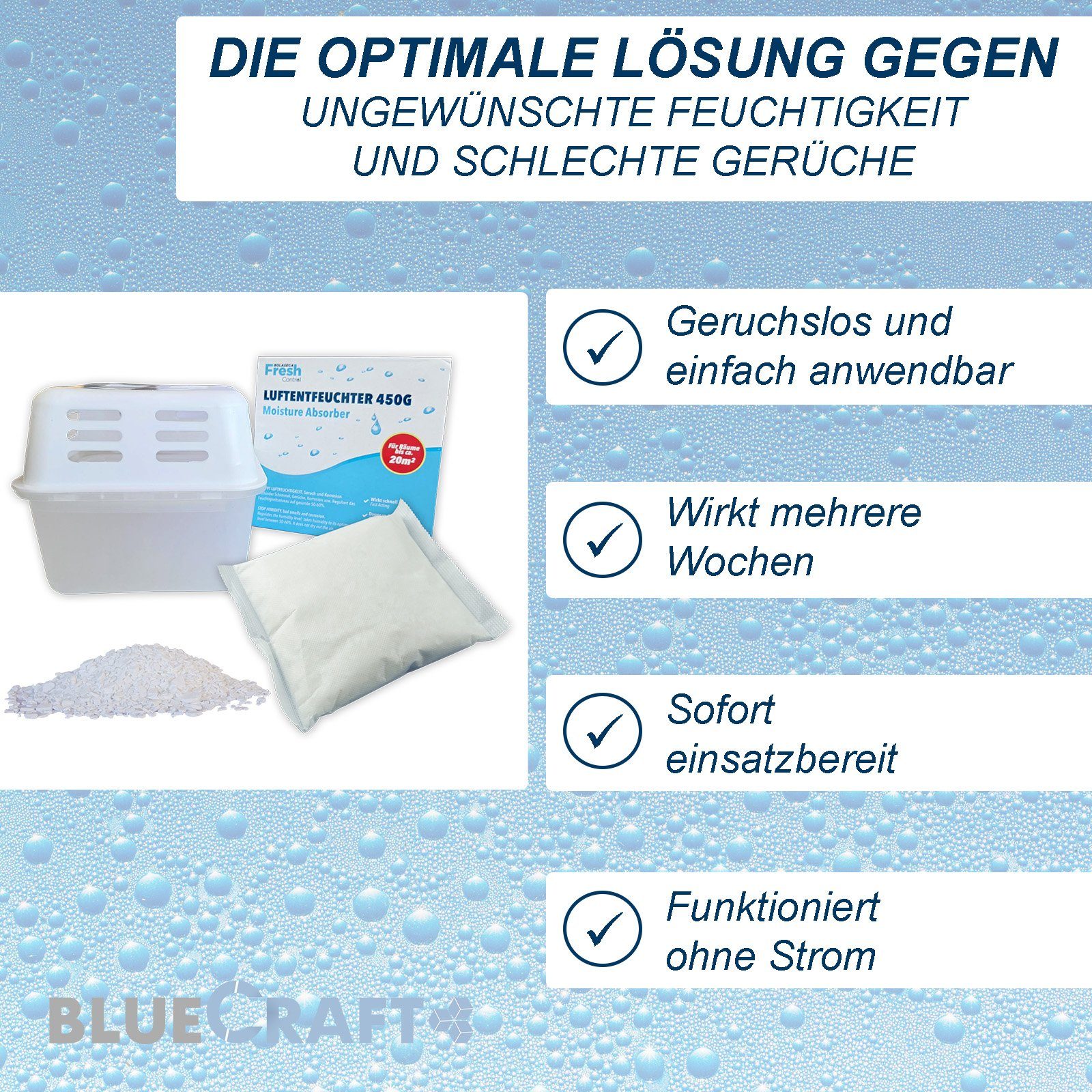 BlueCraft Luftentfeuchter-Nachfüllpack Raumenfeuchter Set Nachfüller gegen Schimmel 4x Box, inkl. 4 x 450g Entfeuchter Granulat Vliesbeutel Schlafzimmer Wohnung