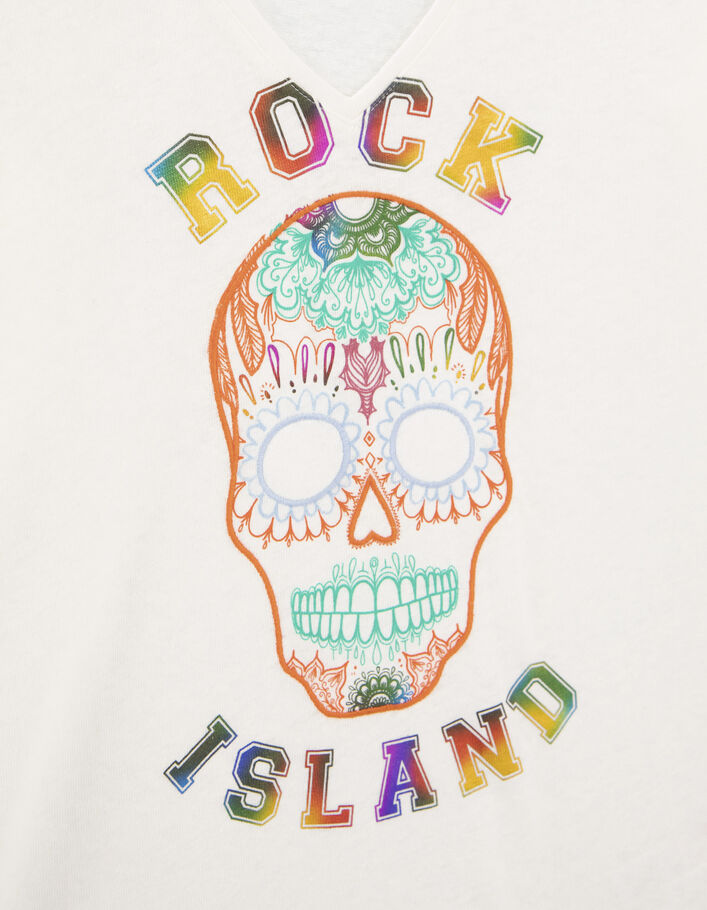 Tee-shirt blanc visuel tête de mort métalisé et broderies femme