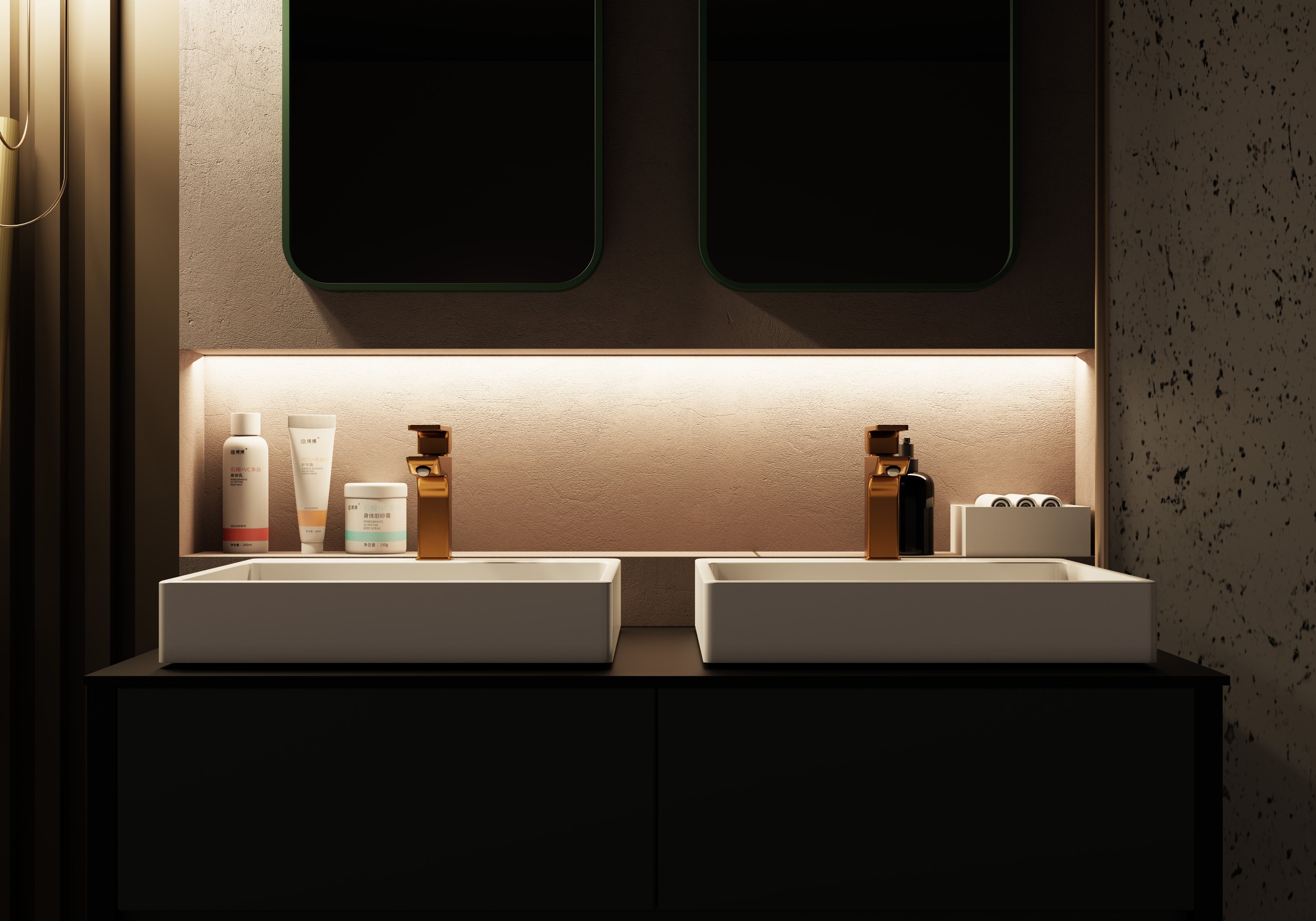 Karen Badmöbel-Set Yesim, (Komplett-Set, 6-Teilig (Unterschrank, Konsole, zwei Spiegel, zwei Waschbecken), Unterschrank mit vier Schubladen, zwei Waschbecken und zwei Spiegel), Doppelwaschtisch, Modernes Design, Acryl-Beschichtung, Softclose