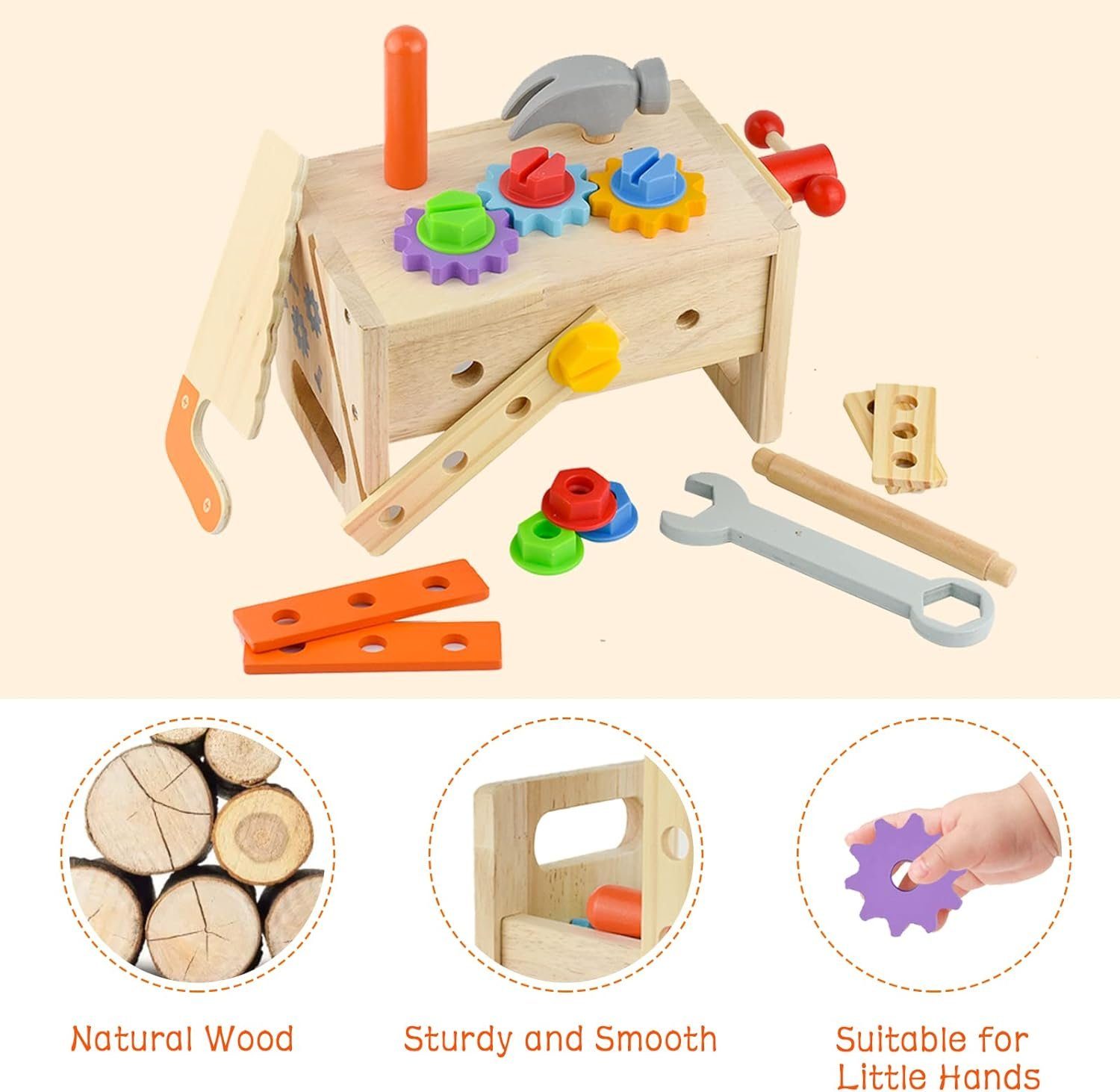 flowgoer Spielzeugtruhe 24-teiliges Holzwerkzeugset für Kinder - Tragbarer Werkzeugtisch, Entwickeln Sie Ihre Fantasie und trainieren Sie praktische Fähigkeiten