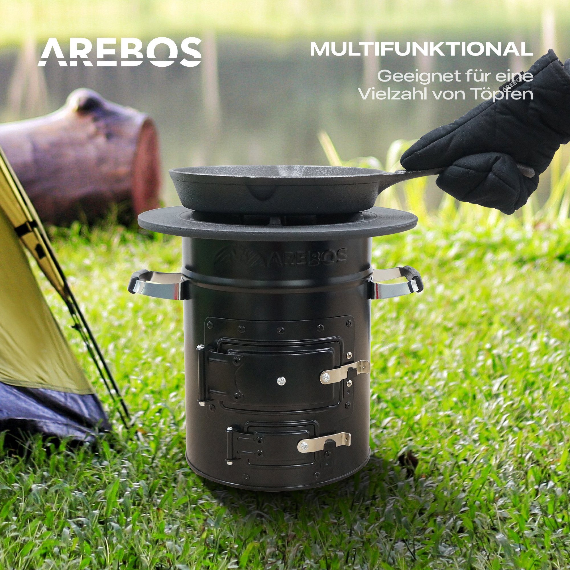 Arebos Feuerstelle Raketenofen inkl. Grillpfanne Dutch Oven BBQ, (Stück, Set)