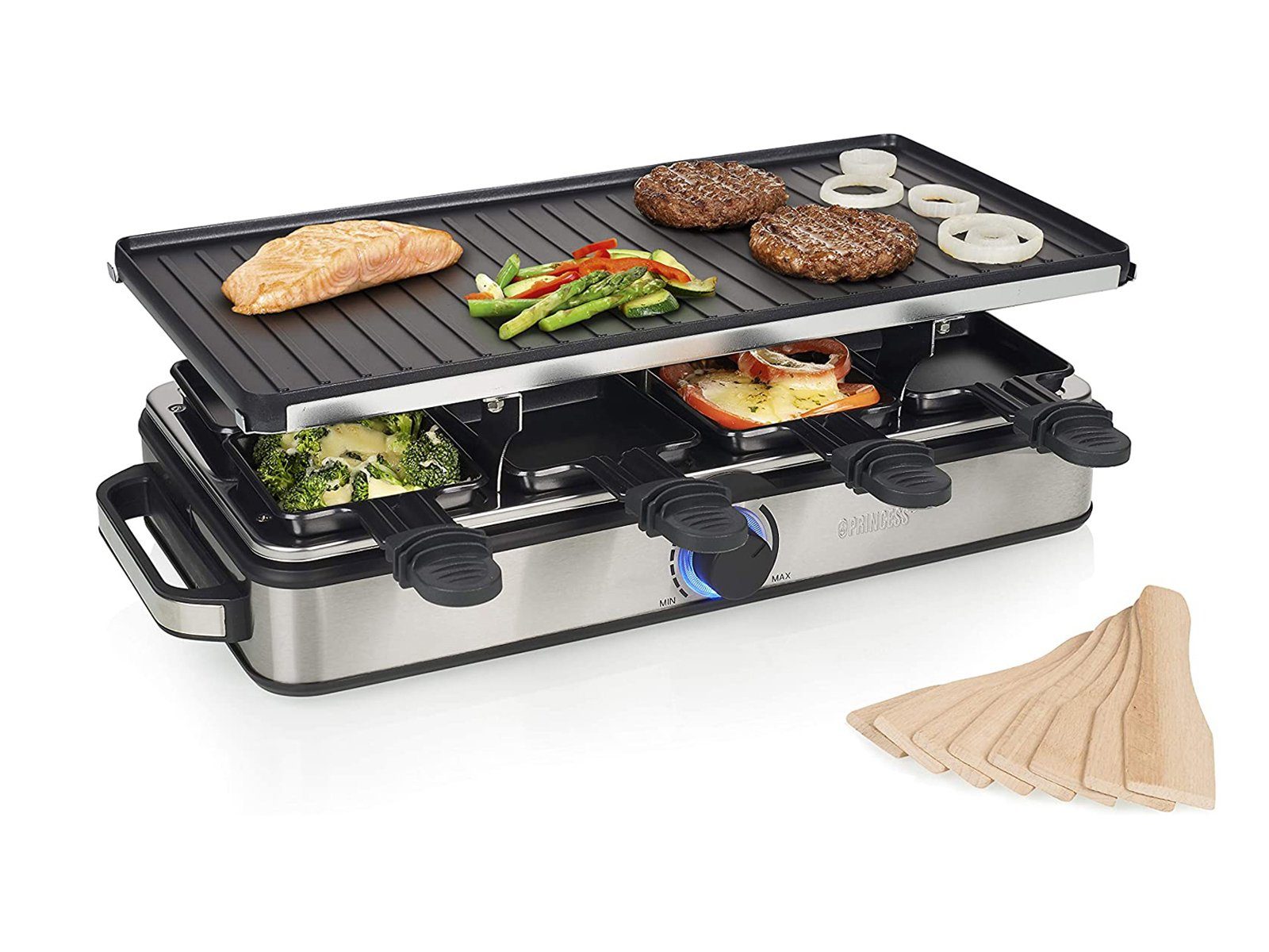 Setpoint Raclette, Großer XL Tischgrill eckig für 2-8 Personen, Raclet Gerät mit 8 Gabeln