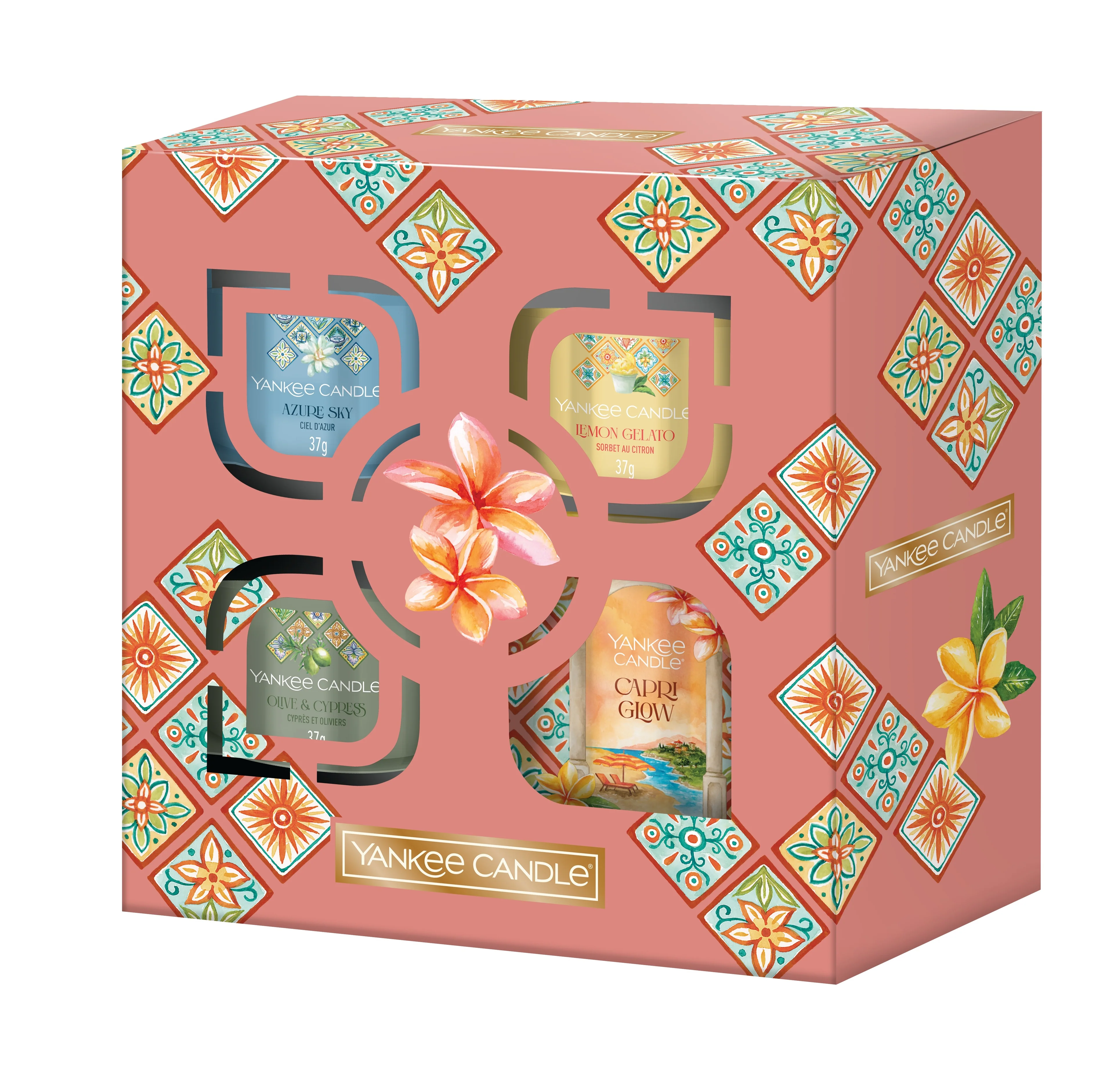 Presentset med fyllda doftljus: 1 litet glas och 3 miniljus - Doftljus
