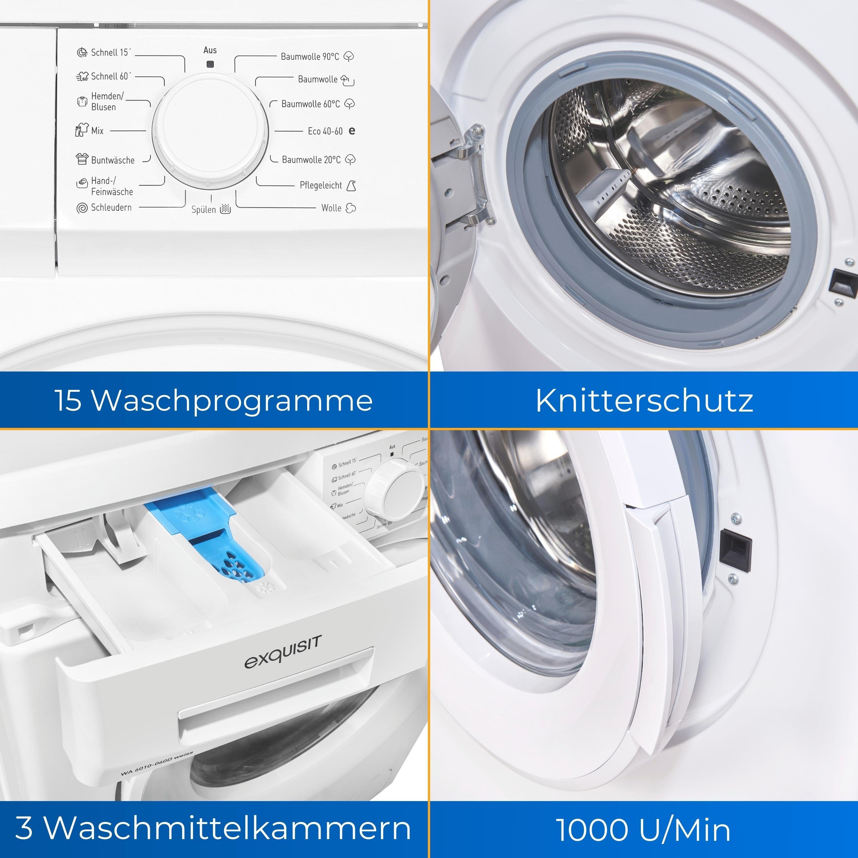 exquisit Waschmaschine WA6010-060D, 6,00 kg, 1000 U/min, Kindersicherung, Startzeitverzögerung