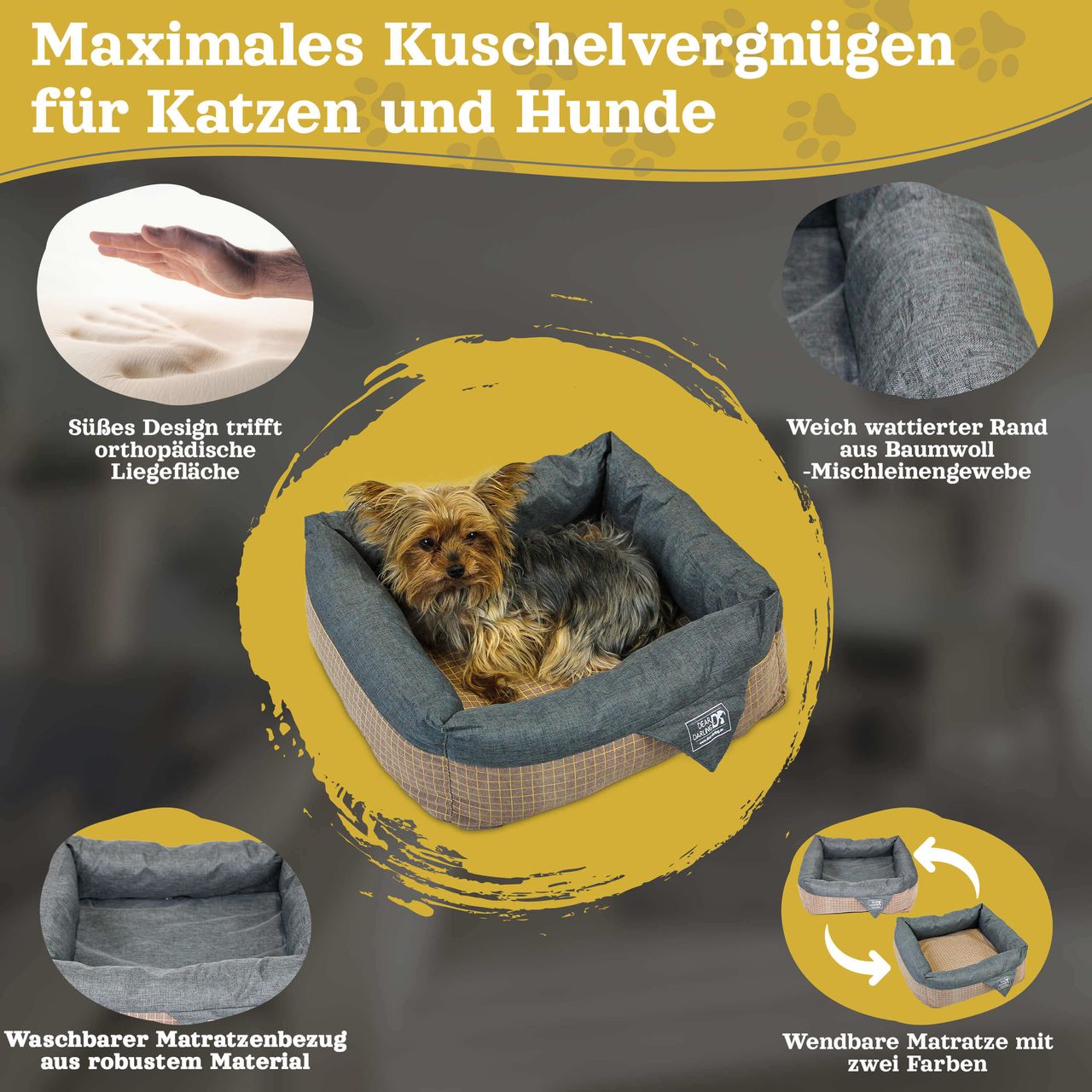 Dear Darling DD-06 Luxus Hundebett Katzenbett Braun Anthrazit Gr. S 40x40cm Memoryschaum Matratze