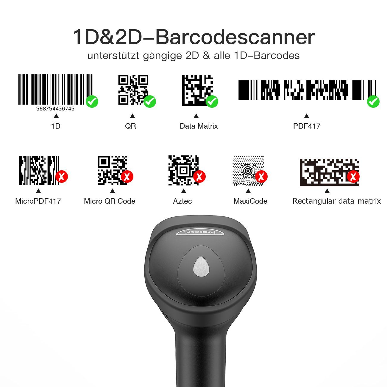 Inateck Barcode Scanner 2D Bluetooth, Wireless QR Code Scanner Handscanner