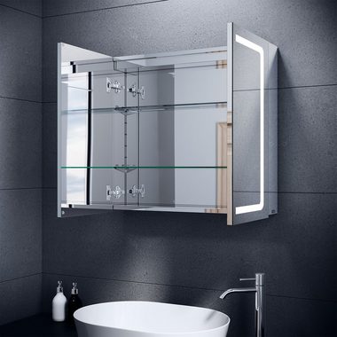 SONNI Badezimmerspiegelschrank Badezimmerspiegelschrank mit beleuchtung 70x65cm Bad Spiegelschrank Edelstahl, mit Steckdose Kippschalter Kabelloses Scharnier Design