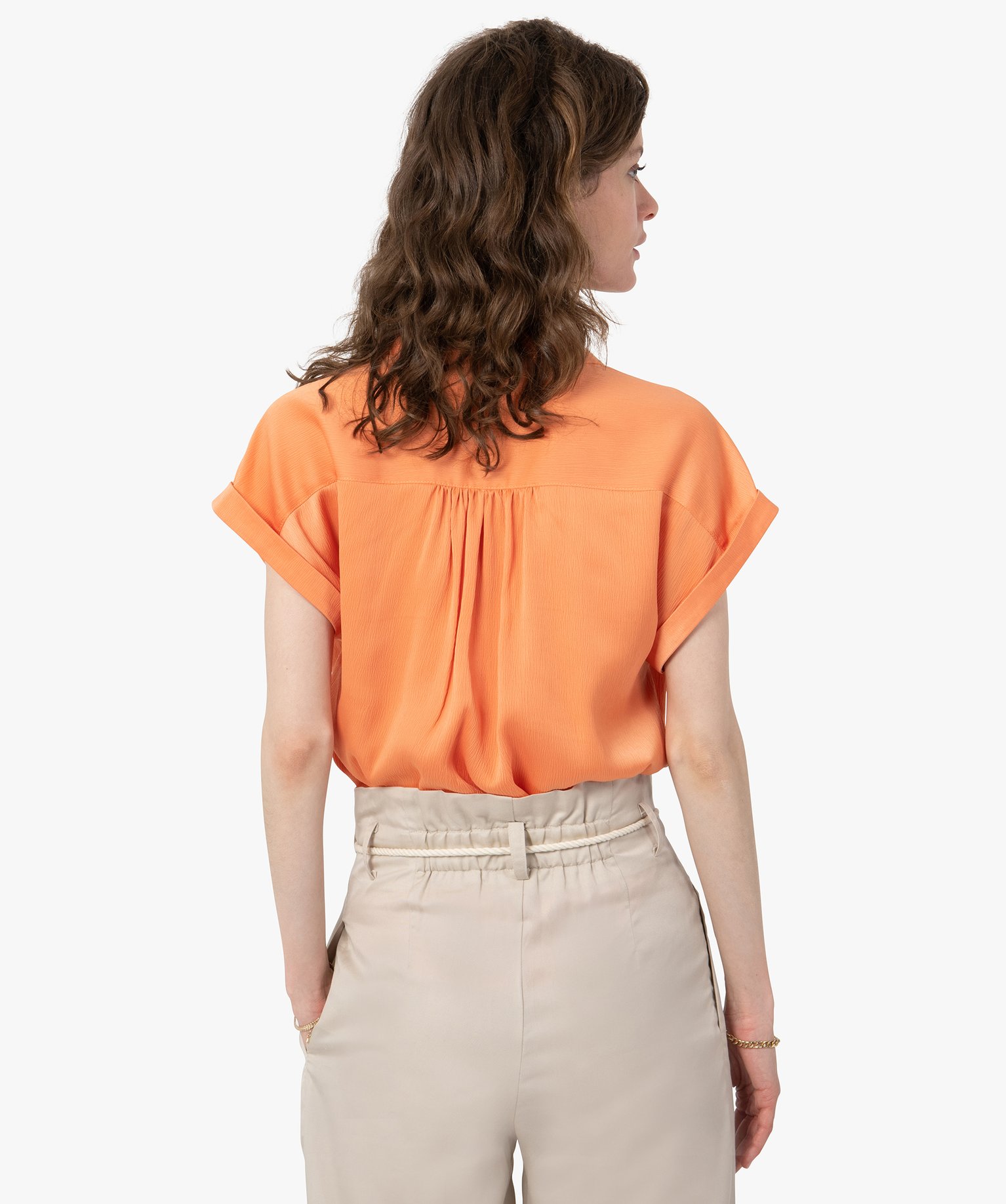 Chemise femme à manches courtes en matière satinée orange | GEMO