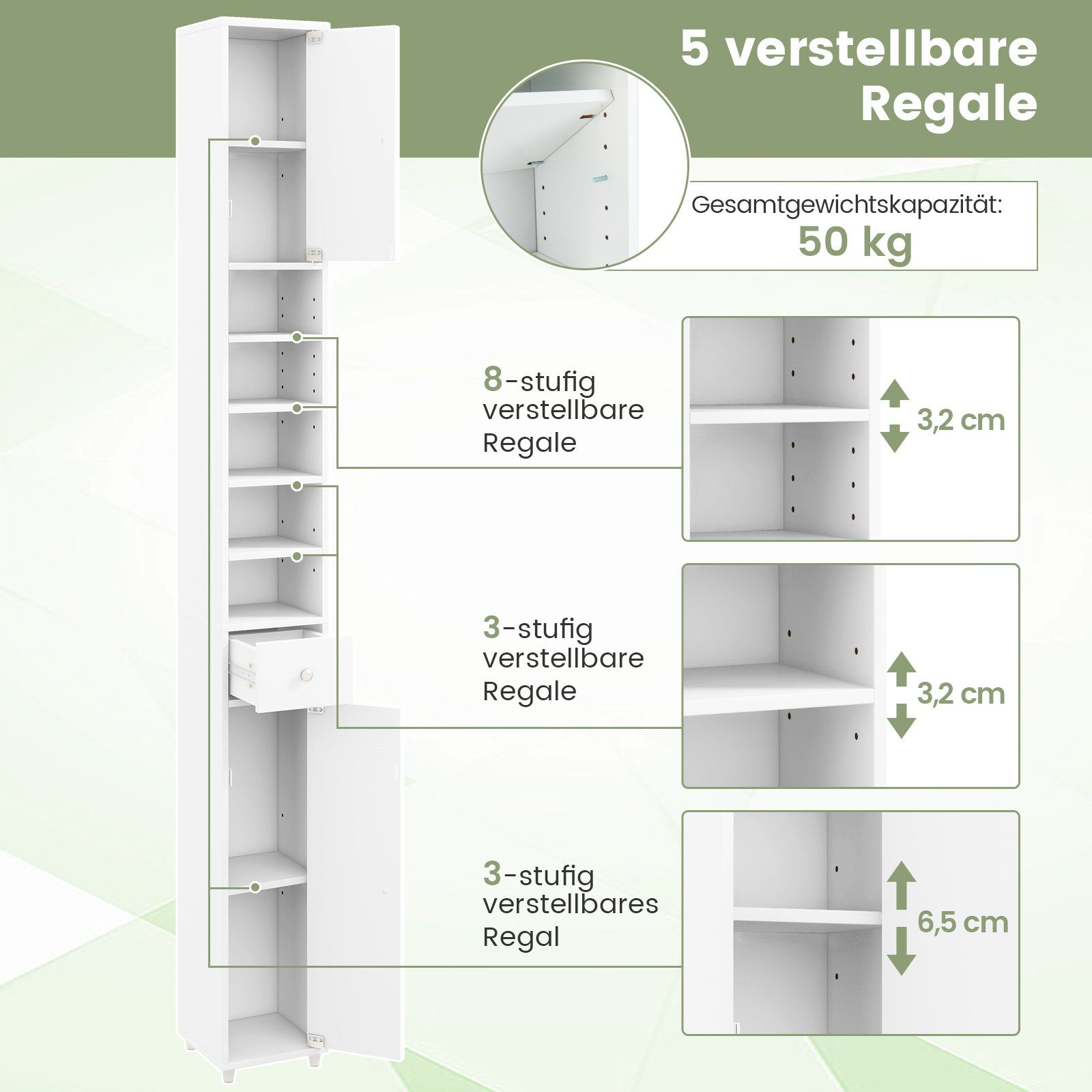 COSTWAY Hochschrank Bad, Schmal, mit Schublade, 2 Türen & Fächern, 180cm weiß