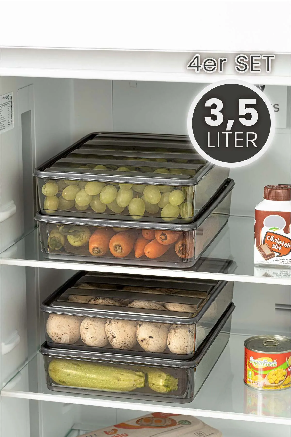 Viwares  4 Teilig Bella Kühlschrank Organizer 3,5 Liter Anthrazit Vorratsbehälter