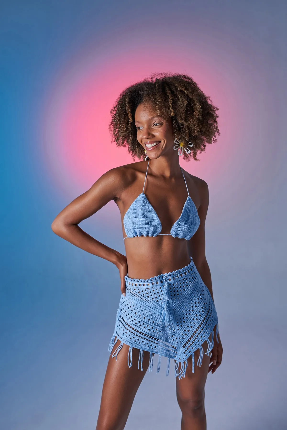 HOLLY LOLLY  Gemusterter Chacha-Strickanzug zum Binden, Sommeroberteil und -unterteil, Blau