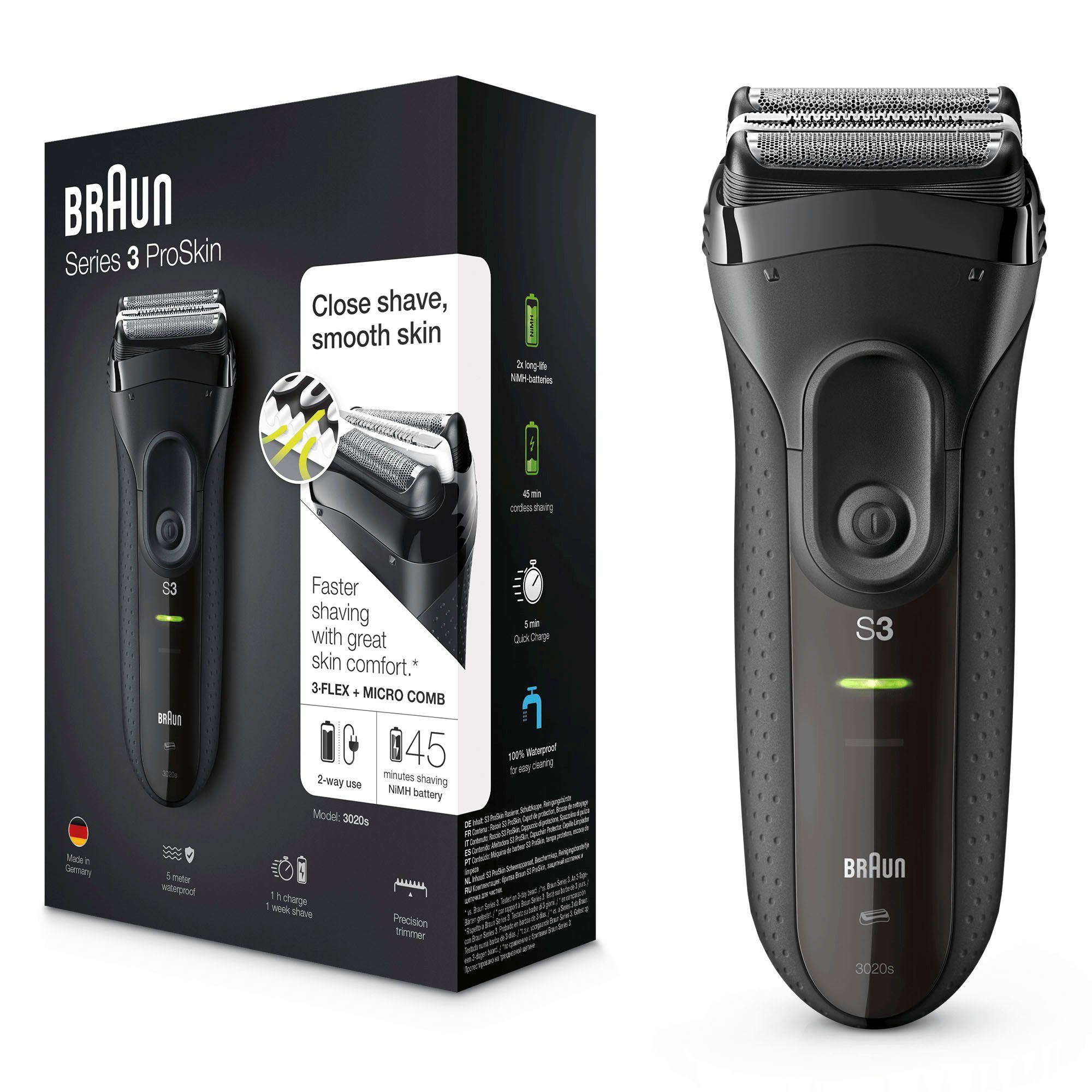 Braun Elektrorasierer Series 3 ProSkin - 3020s, Aufsätze: 1, SmartClick-Präzisionstrimmer, wiederaufladbarer Rasierer Herren, schwarz